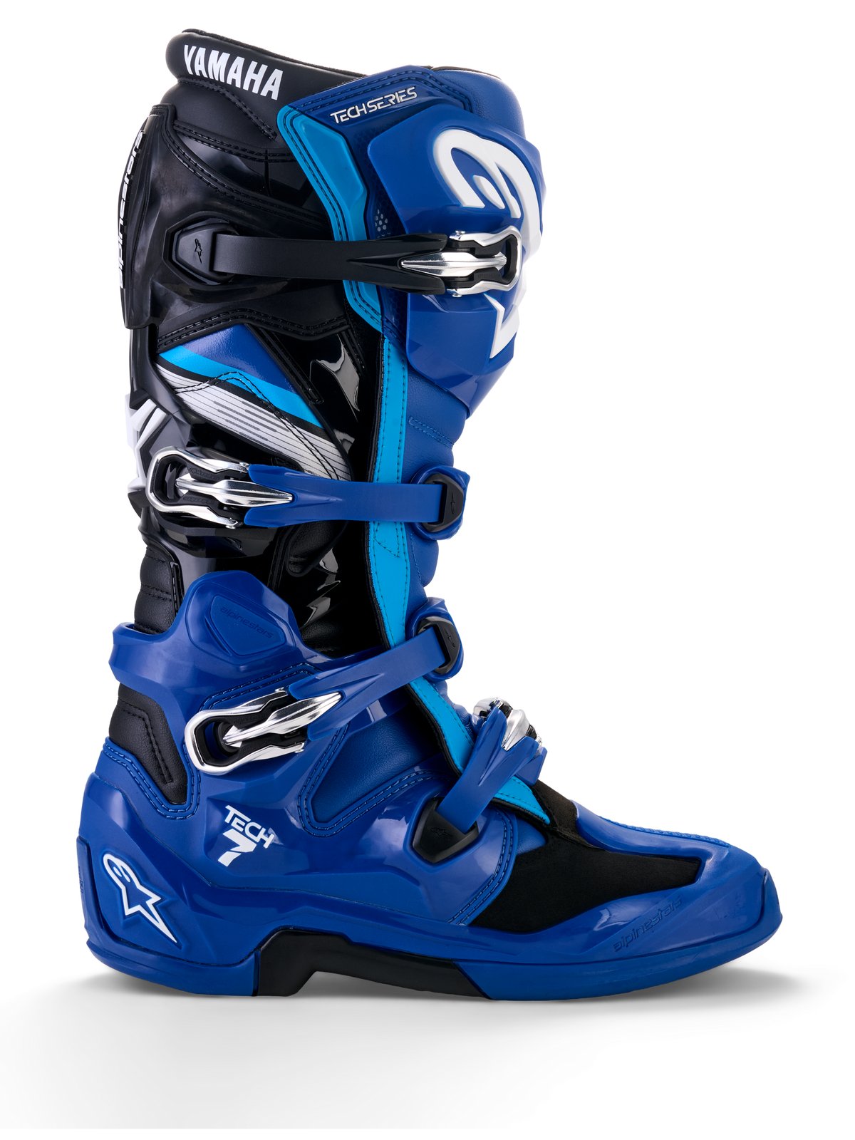 Alpinestars Yamaha Tech 7 Stiefel, Motocross-Rennstiefel, Blau mit schwarzen und weißen Akzenten, Seitenprofil mit vier verstellbaren Schnallen, verstärkter TPU-Schutz an Schienbein und Ferse, markantes Yamaha-Branding, robuste Sohle für Offroad-Performance