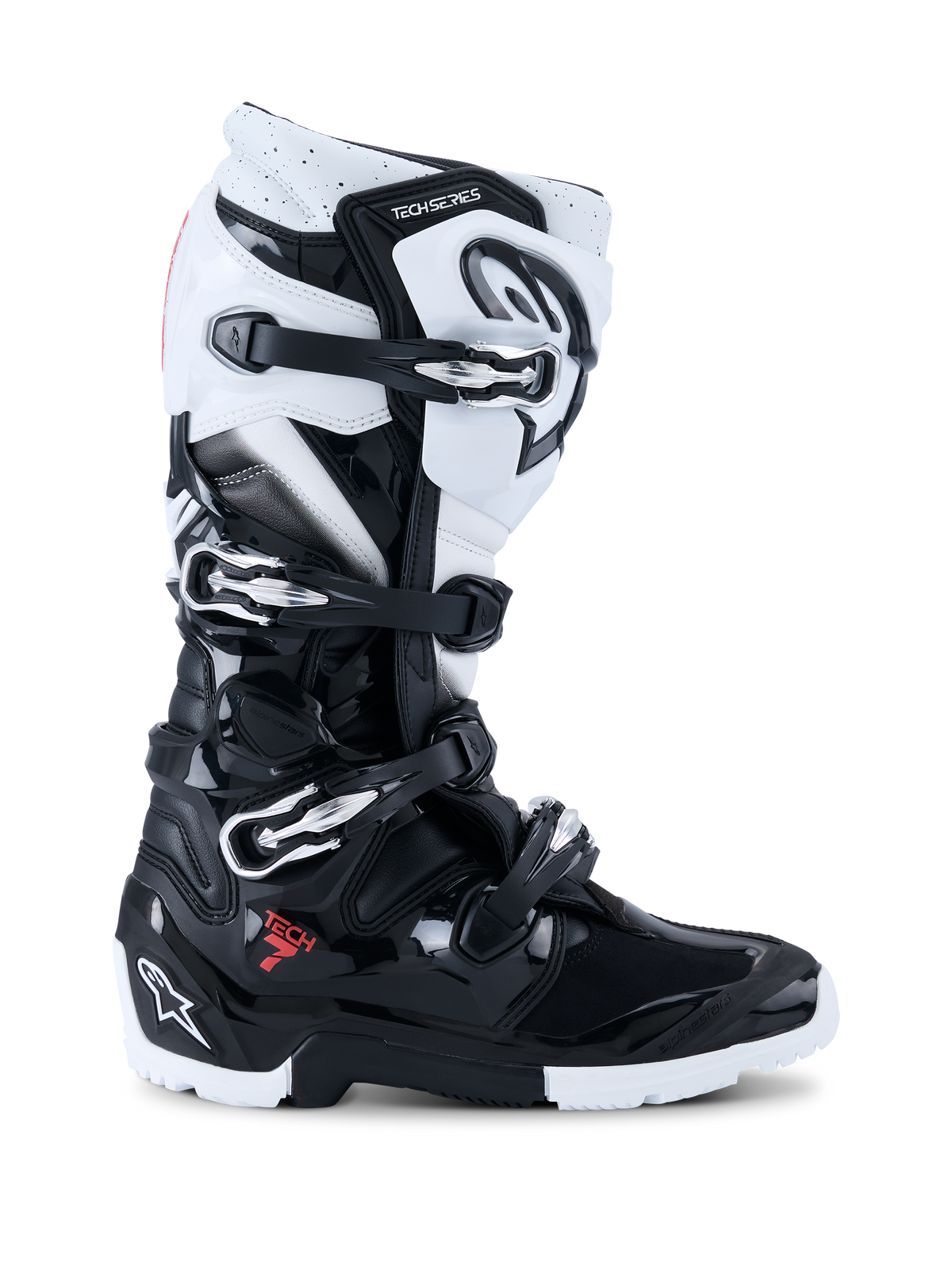 Alpinestars 2026 Tech 7 Enduro Boots, Off-Road Motorcycle Boots, Black and White, featuring four metallic buckles, high-impact TPU protection panels, rugged dual-compound sole, and bold Alpinestars branding on the heel and shin