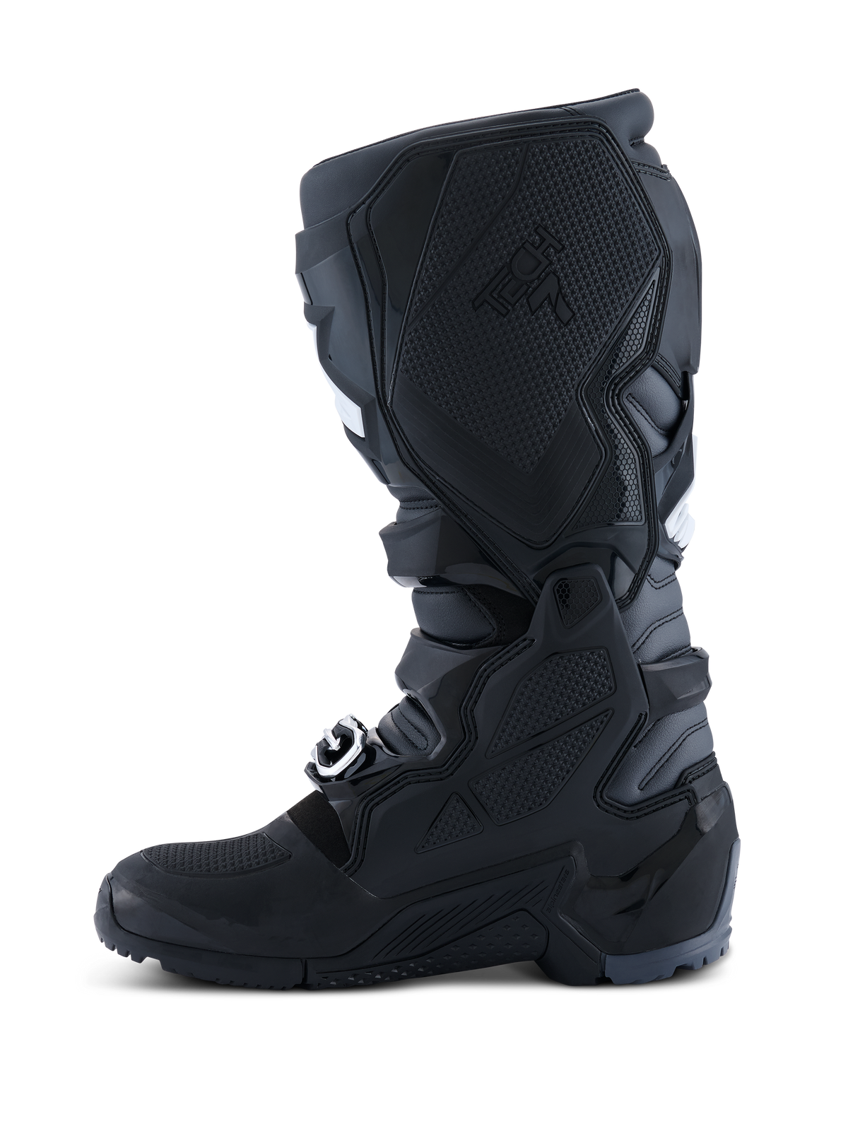 Alpinestars 2026 Tech 7 Enduro Boots, Motocross and Enduro Boots, Black Anthracite White, medial side view showing the textured TPU panel for bike contact, rugged dual-compound sole, and durable microfiber construction.
