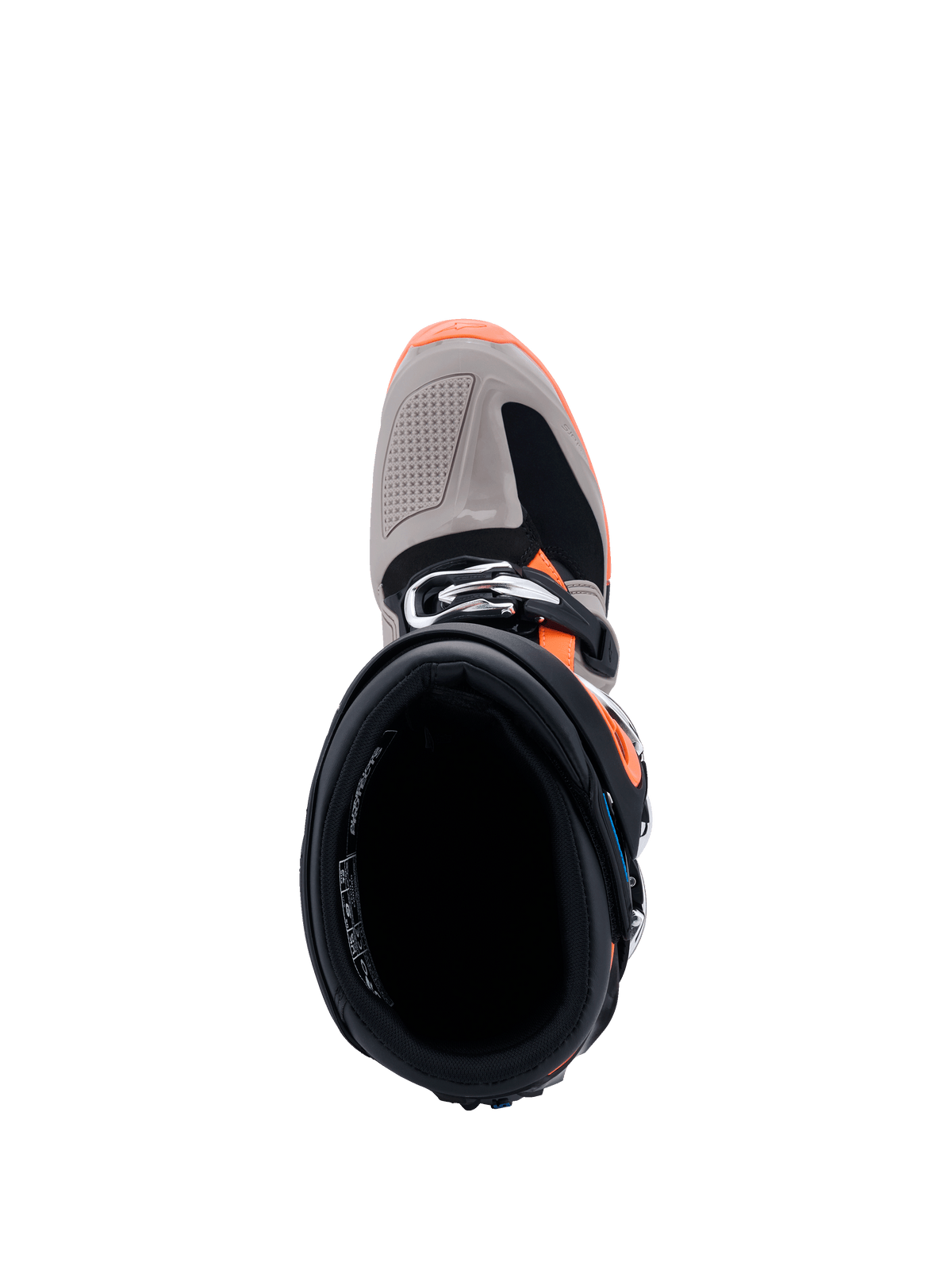 Alpinestars 2026 Tech 7 Enduro Boots, top-down view looking into the boot opening, Black Warm Gray and Orange Fluo, showing the buckle closure and reinforced toe box, professional-grade off-road motorcycle footwear
