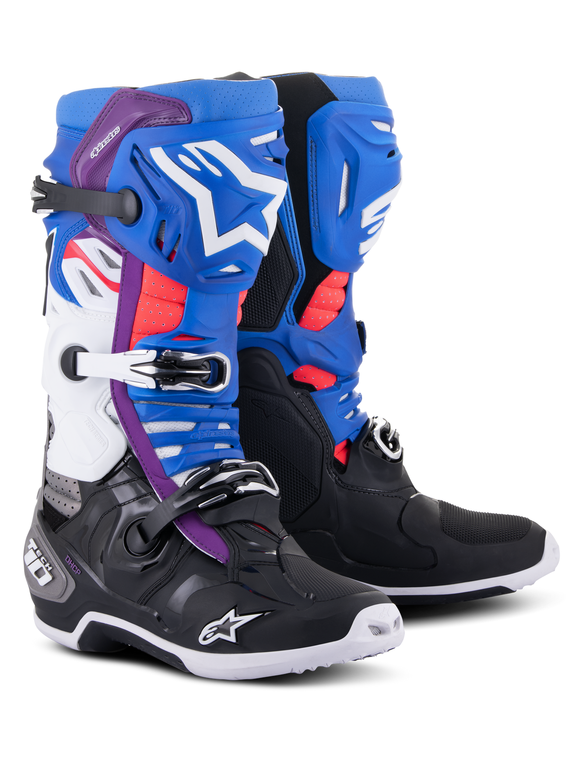 Alpinestars Tech 10 Supervented Boots, Motocross Boots, Black Enamel Blue Purple and White, featuring ventilated shin plates with white Alpinestars branding, red mesh accents, and secure buckle closures for off-road performance.