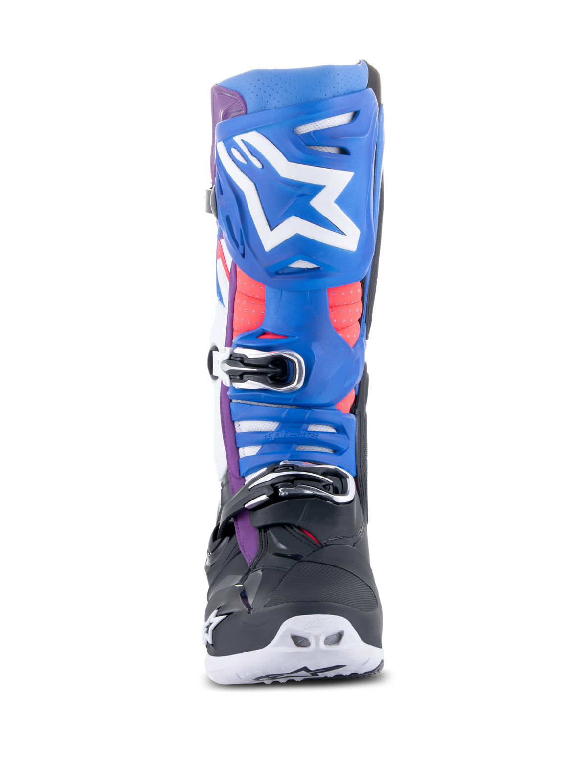 Alpinestars Tech 10 Supervented Boots, Motocross Boots, Black Enamel Blue Purple White, front-facing view featuring blue shin plate with white star logo, chrome-accented buckles, and ventilated construction for off-road racing.