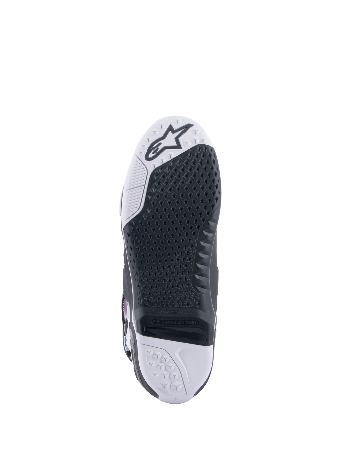 Alpinestars Tech 10 Supervented Boots, Motocross Boots, bottom sole view, black honeycomb grip pattern on white and black base, replaceable central insert, featuring the Alpinestars logo on the toe