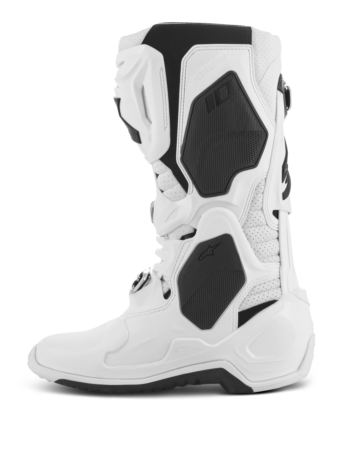 Alpinestars Tech 10 Supervented Stiefel, Motocross-Stiefel, Weiß, Seitenansicht, mit schwarzen TPU-Paneelen und perforierter Mikrofaser-Konstruktion, belüftete Schienbeinplatte für hohen Luftstrom, professionelles Schuhwerk für den Offroad-Rennsport