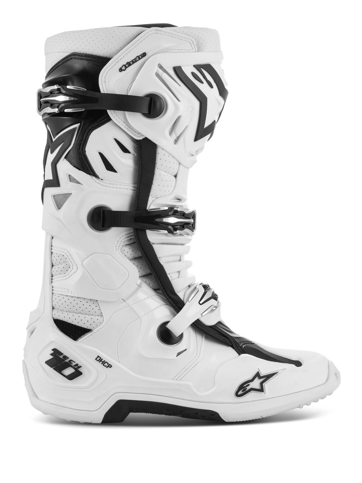 Alpinestars Tech 10 Supervented Stiefel, Motocross-Offroad-Rennstiefel, Weiß und Schwarz, mit mehreren verstellbaren Schnallen, perforierten Belüftungseinsätzen und einem robusten, schützenden High-Top-Design