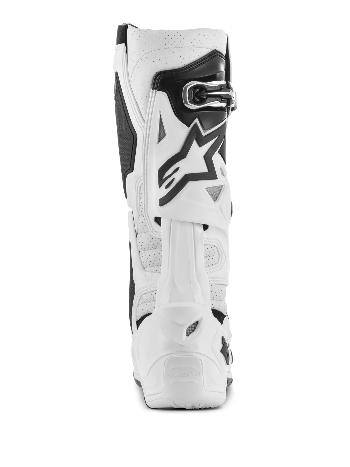 Alpinestars Tech 10 Supervented Stiefel, weiße Motocross-Stiefel, Rückansicht mit perforierter Mikrofaser für Luftzirkulation, weißem TPU-Rückblattsystem, schwarzem Stern-Logo und sicherem Schnallenverschluss, Hochleistungs-Offroad-Fußbekleidung