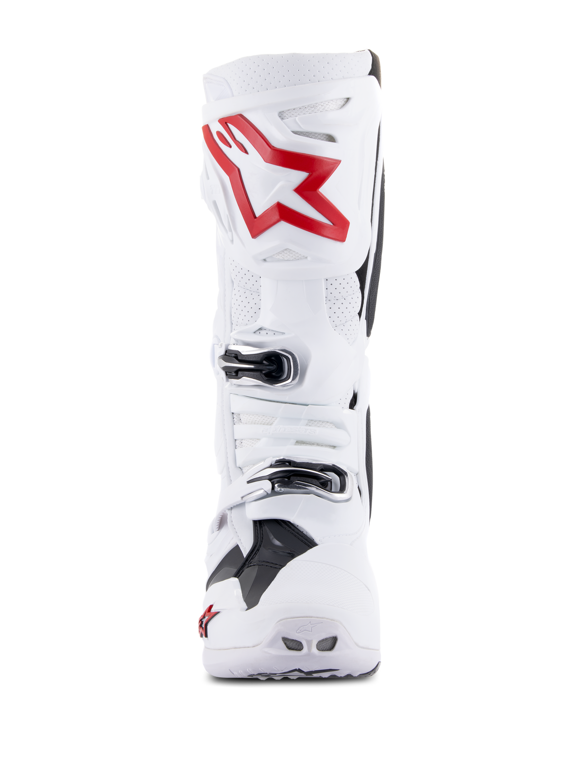 Alpinestars Tech 10 Supervented Boots, White and Bright Red, front view showing ventilated perforated panels, large red star logo on the shin plate, adjustable silver buckles, and high-performance motocross design.