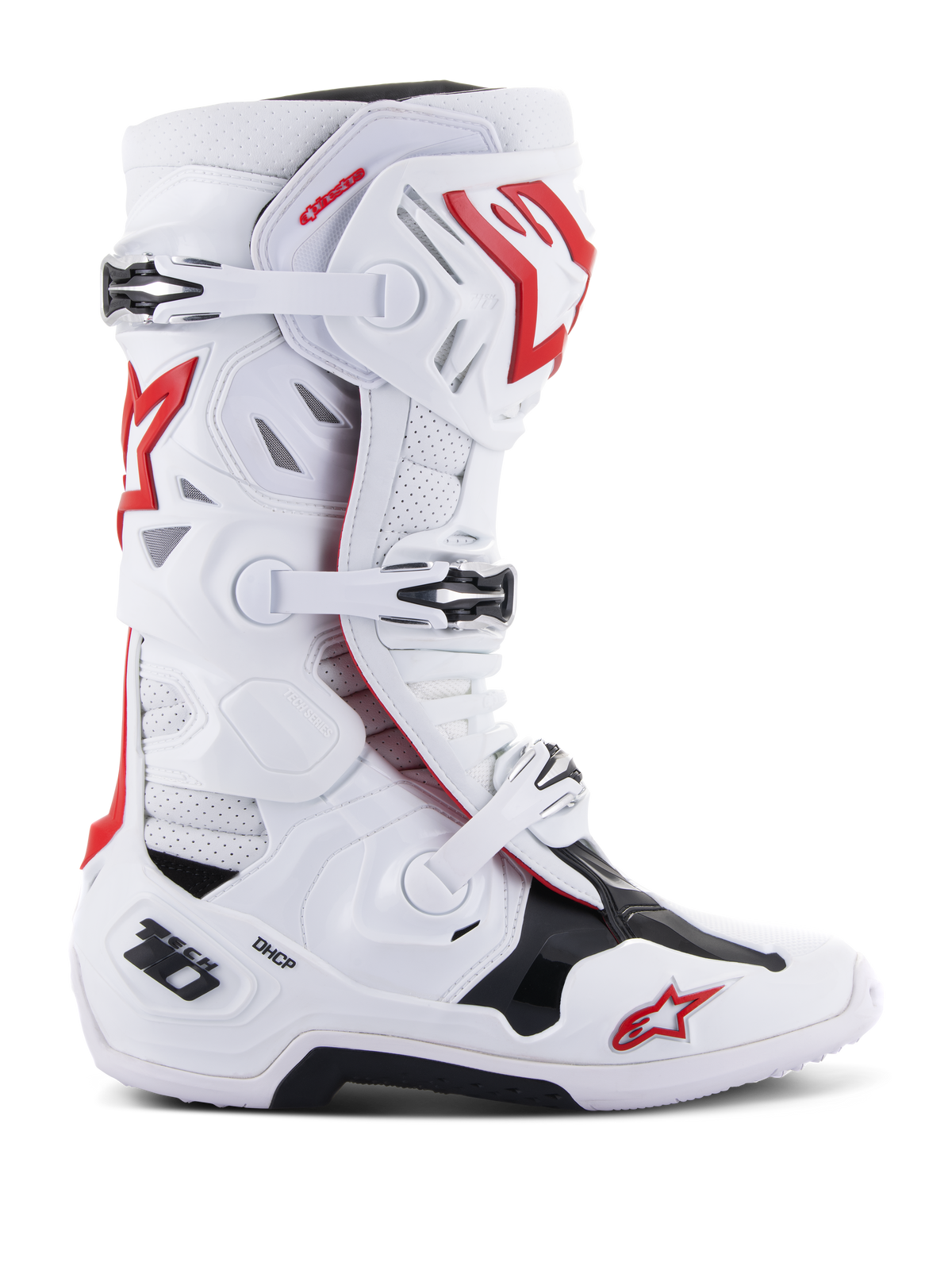 Alpinestars Tech 10 Supervented Boots, Motocross Off-Road Racing Boots, White Red Black, Multiple Buckle Closure System, Perforated Ventilation Panels, Red Star Logo, DHCP Technology, Reinforced Protection Paneling, Rugged Off-Road Sole