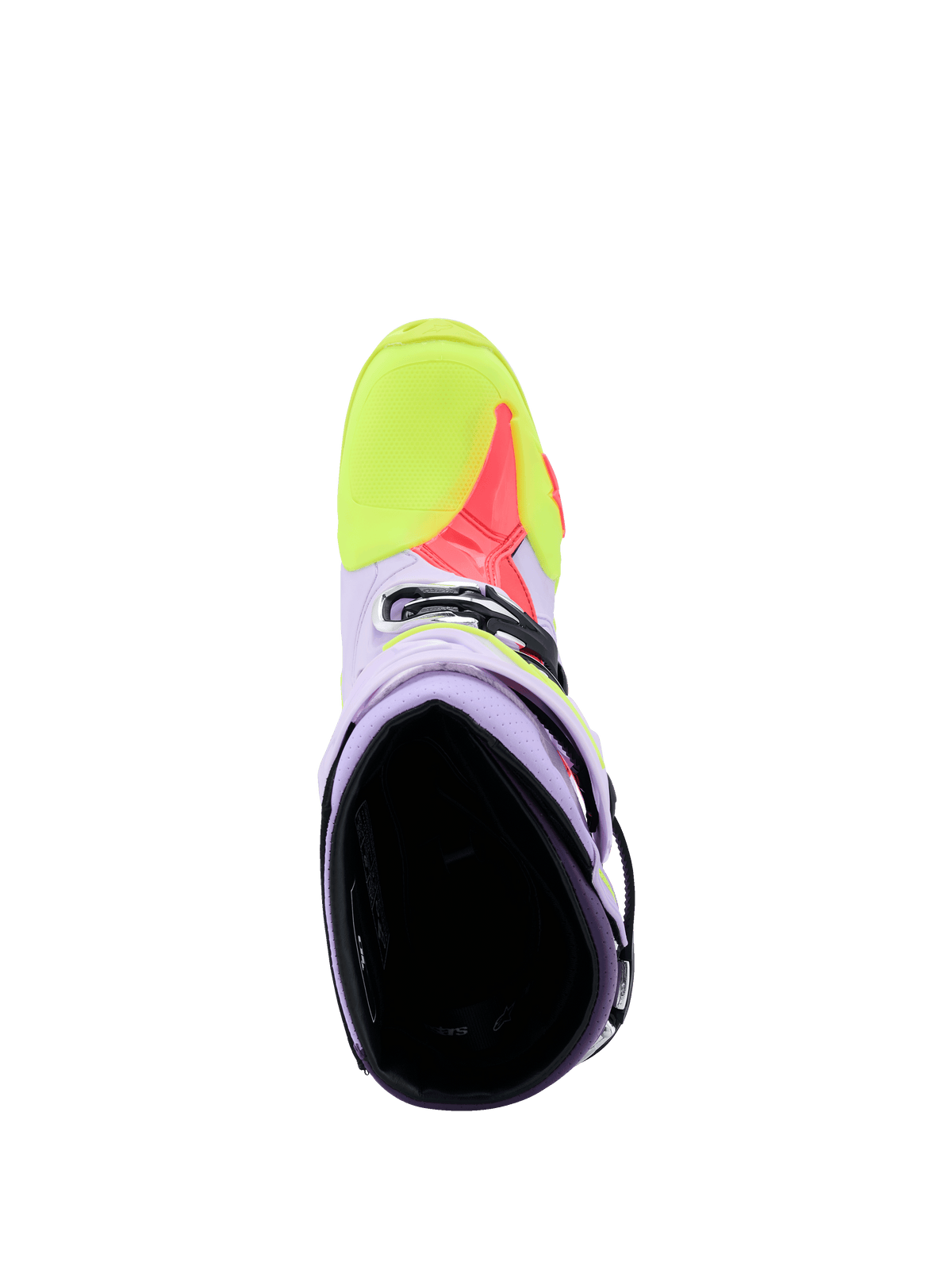 Alpinestars Tech 10 Supervented Boots in Purple, Yellow Fluo, and Diva Pink, top-down view showing the interior and perforated microfiber construction for airflow, high-performance motocross footwear.