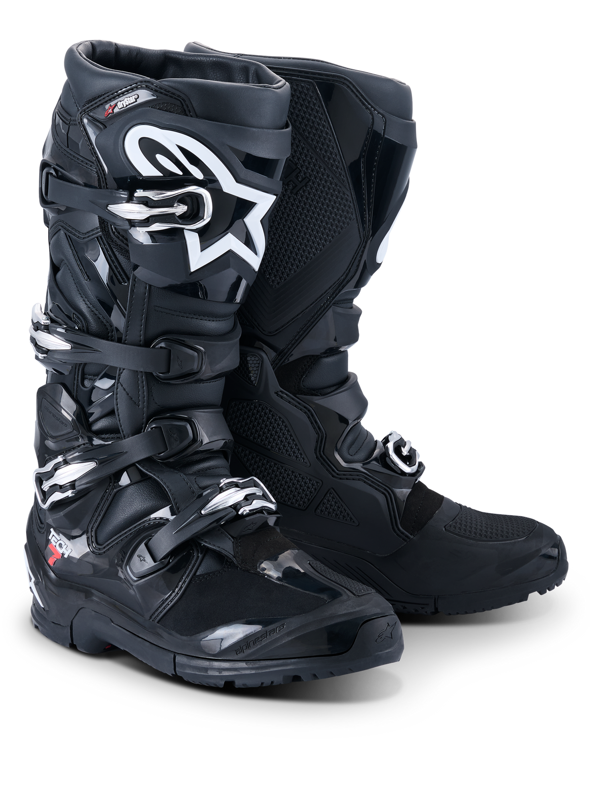 Alpinestars 2026 Tech 7 Enduro Drystar® Boots, professional motocross and enduro boots, Black, featuring a four-buckle closure system, white Astar logo on the shin, rugged TPU protection panels, and a specialized sole for off-road grip.