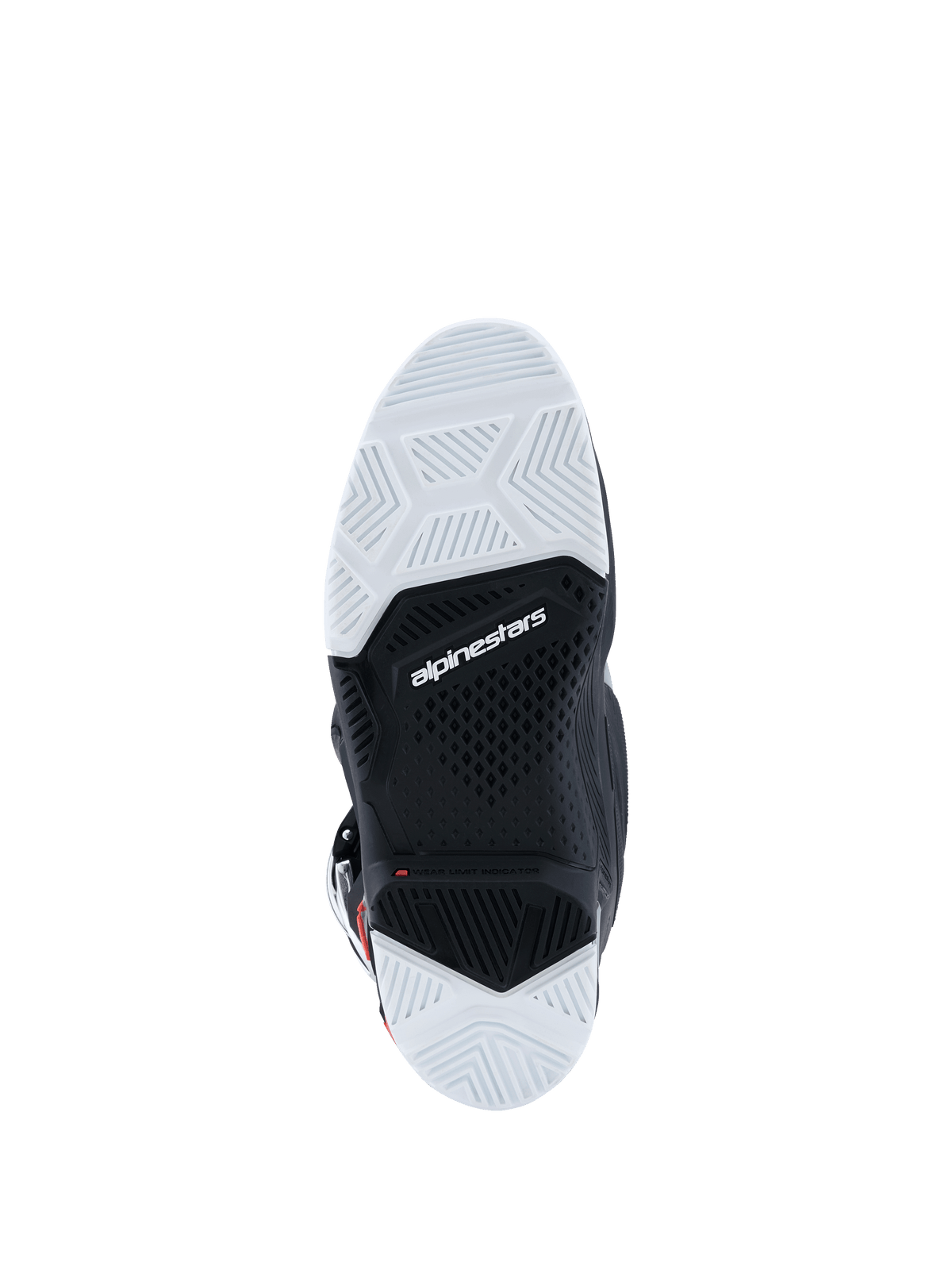 Alpinestars 2026 Tech 7 Enduro Drystar® Boots, bottom sole view, black and white double-density rubber compound, textured geometric grip patterns, Alpinestars logo and wear limit indicator, designed for off-road and enduro traction