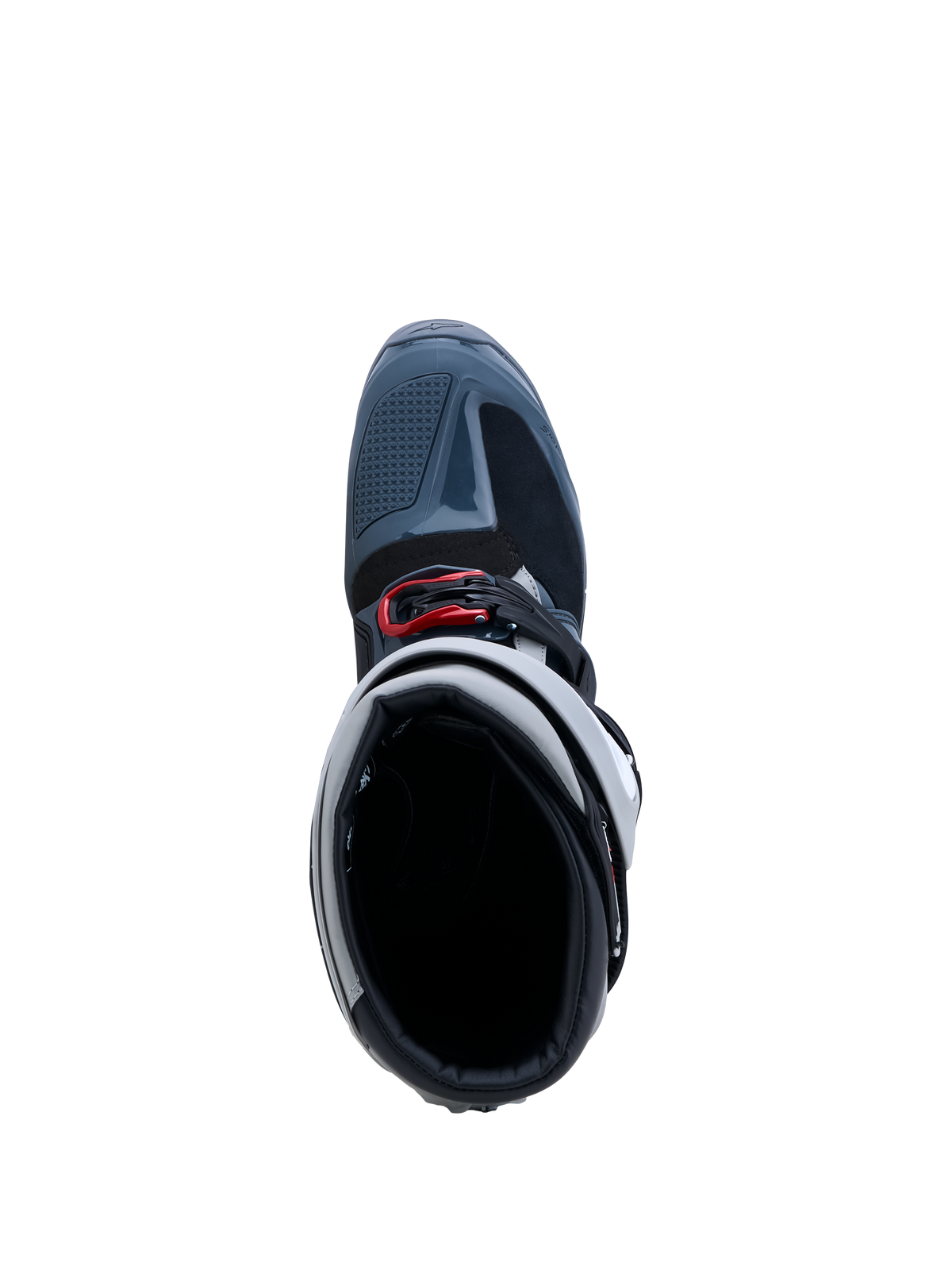 Alpinestars Tech 7 Enduro Drystar Boots, waterproof gray and red off-road boots shown from a top-down view.