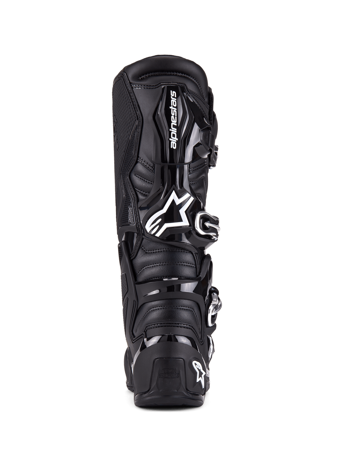 Alpinestars Tech 7 Stiefel, Motocross-Stiefel, Schwarz, Rückansicht mit TPU-Schutz, Schnallenverschlusssystem und charakteristischem Logo