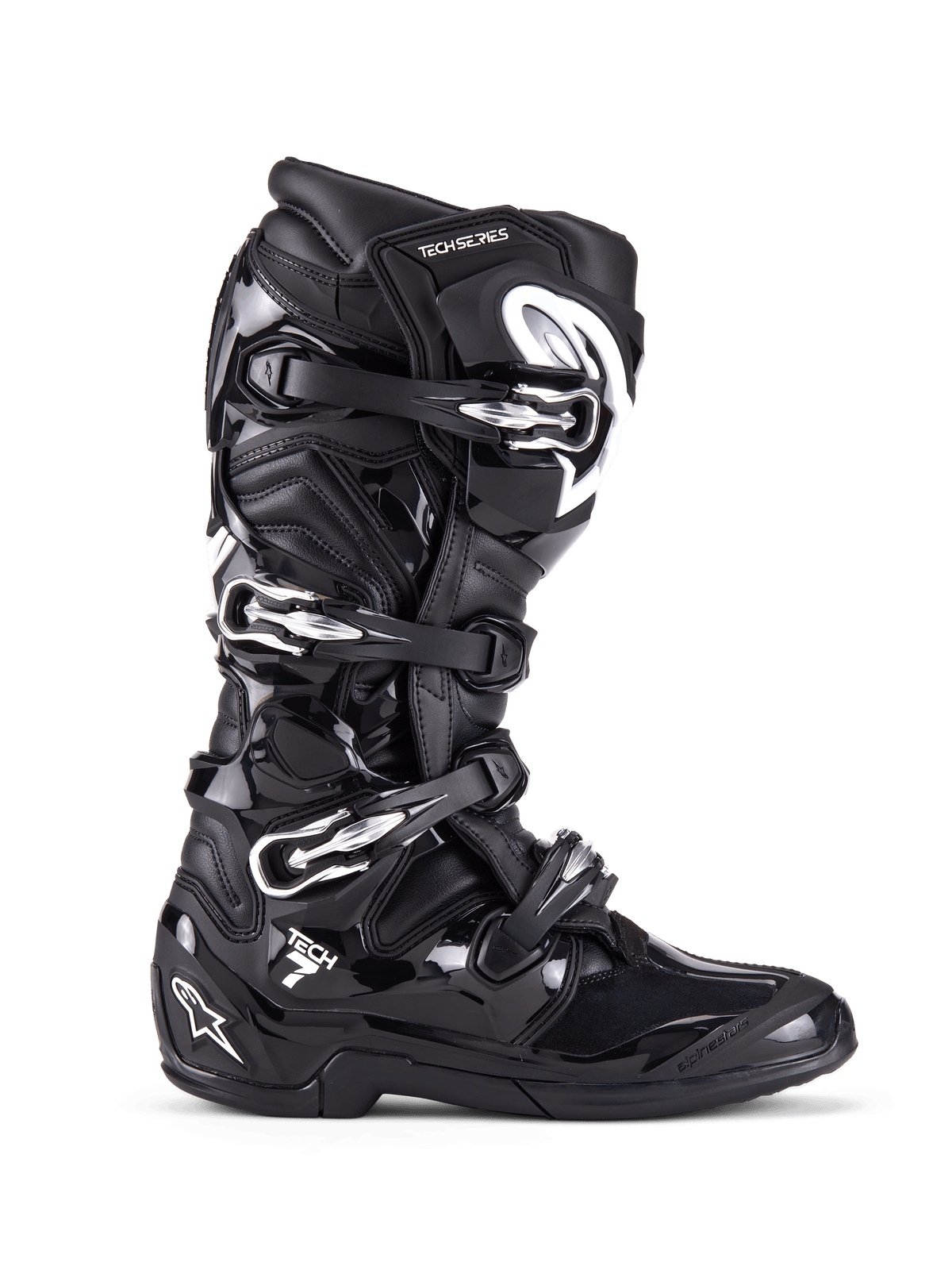 Alpinestars Tech 7 Stiefel, Motocross-Offroad-Stiefel, Schwarz mit silbernen Schnallen und weißen Akzenten, Seitenprofil mit vier Aluminium-Schnellverschlüssen, strapazierfähige TPU-Schale und strukturierte Panels für Offroad-Schutz