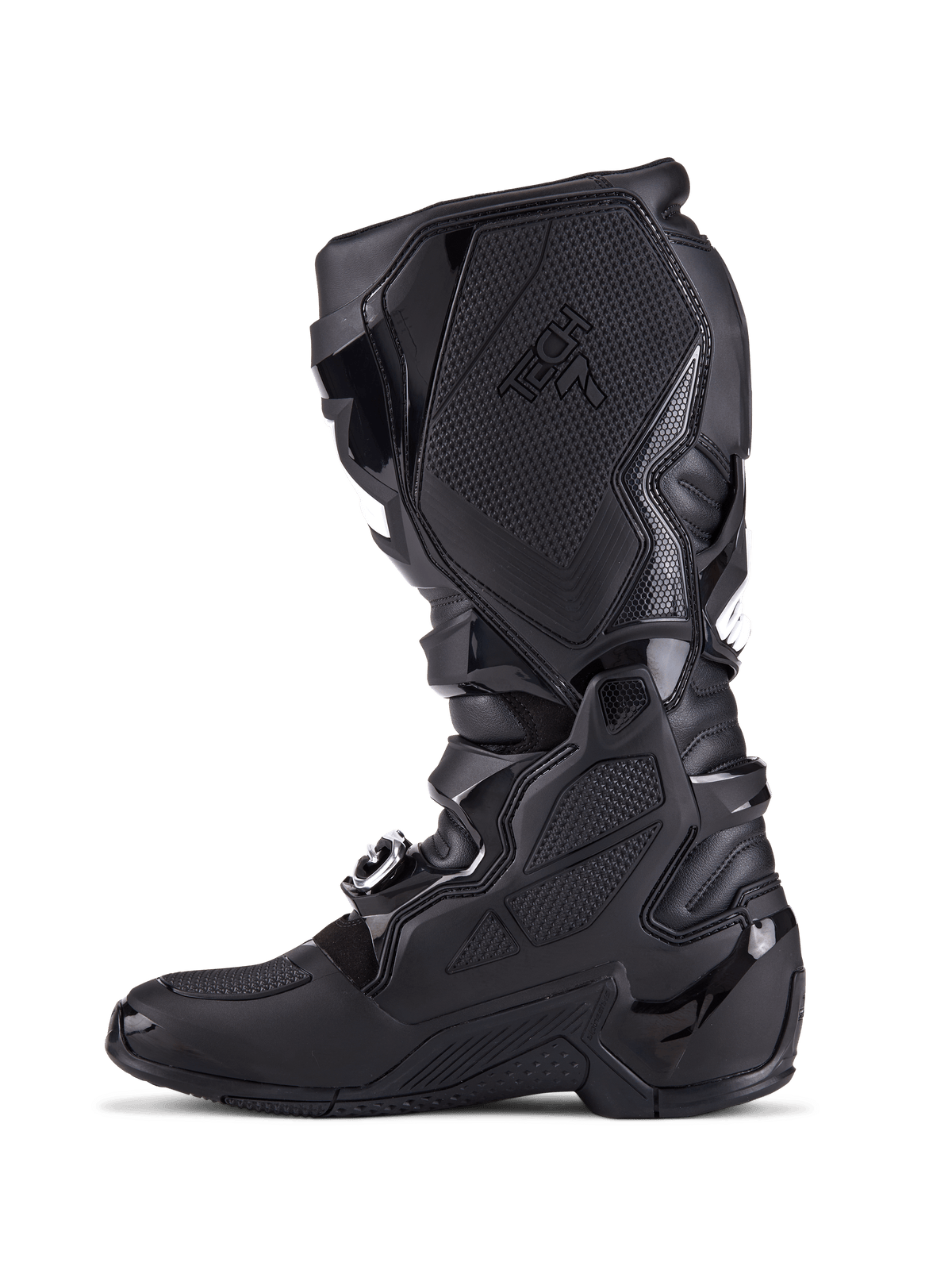 Alpinestars Tech 7 Stiefel, Motocross-Stiefel, Komplett Schwarz, Seitenprofilansicht zeigt TPU-Schutzplatten, Schnallenverschlusssystem und strukturierte Grip-Paneele, professionelles Offroad-Schuhwerk