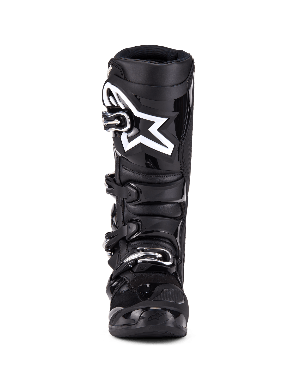 Alpinestars Tech 7 Stiefel, Motocross-Stiefel, Schwarz, Vorderansicht mit einem Vier-Schnallen-Verschlusssystem, markantes weißes Alpinestars Stern-Logo auf der Schienbeinplatte, strapazierfähige TPU-Schale und verstärkter Schutz für Offroad-Rennen