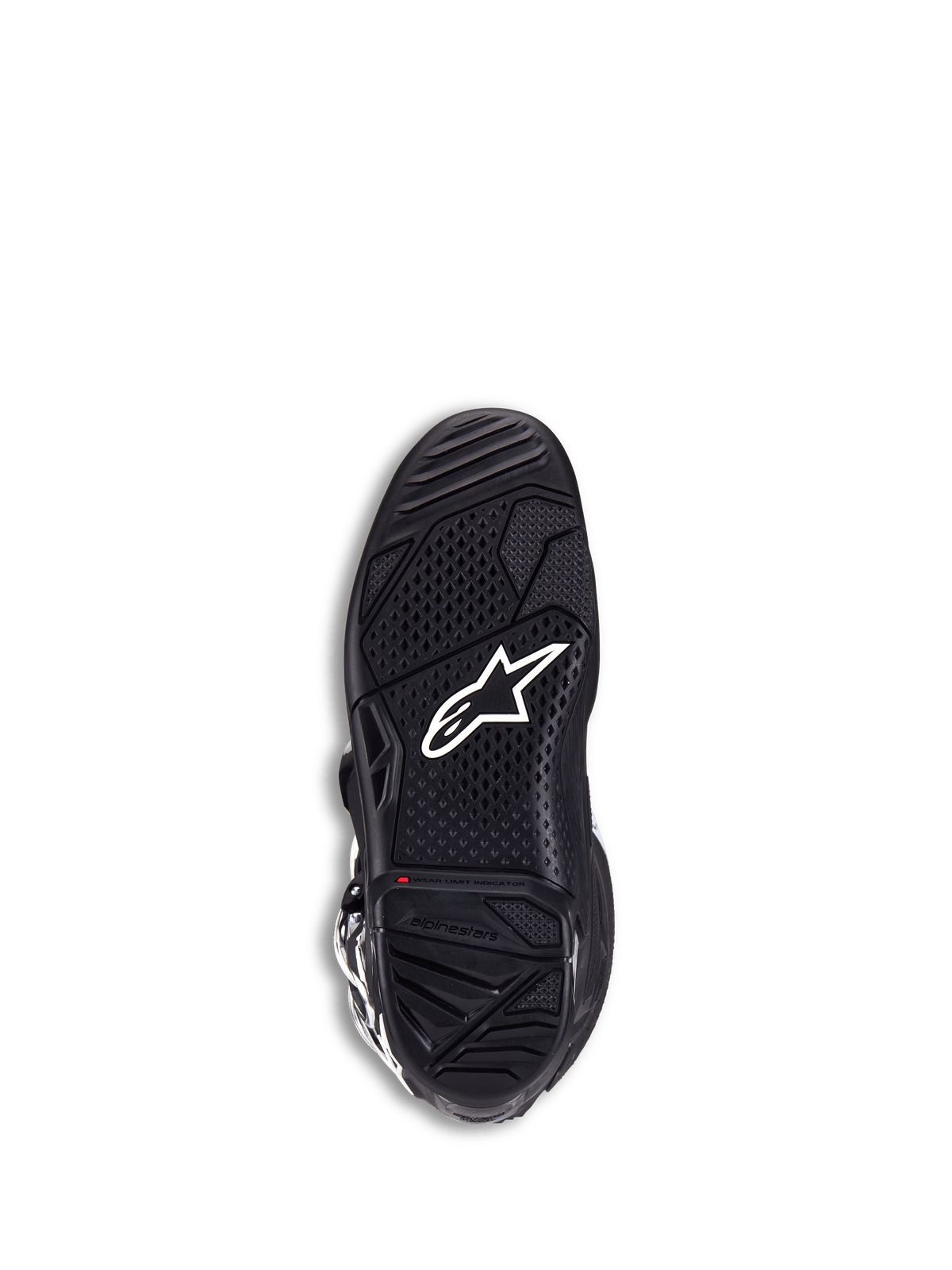 Alpinestars Tech 7 Stiefel, Motocross-Stiefel, Schwarz, Sohlenansicht mit weißem Stern-Logo, strukturierter Zweikomponenten-Gummi für maximalen Grip, roter Verschleißanzeiger