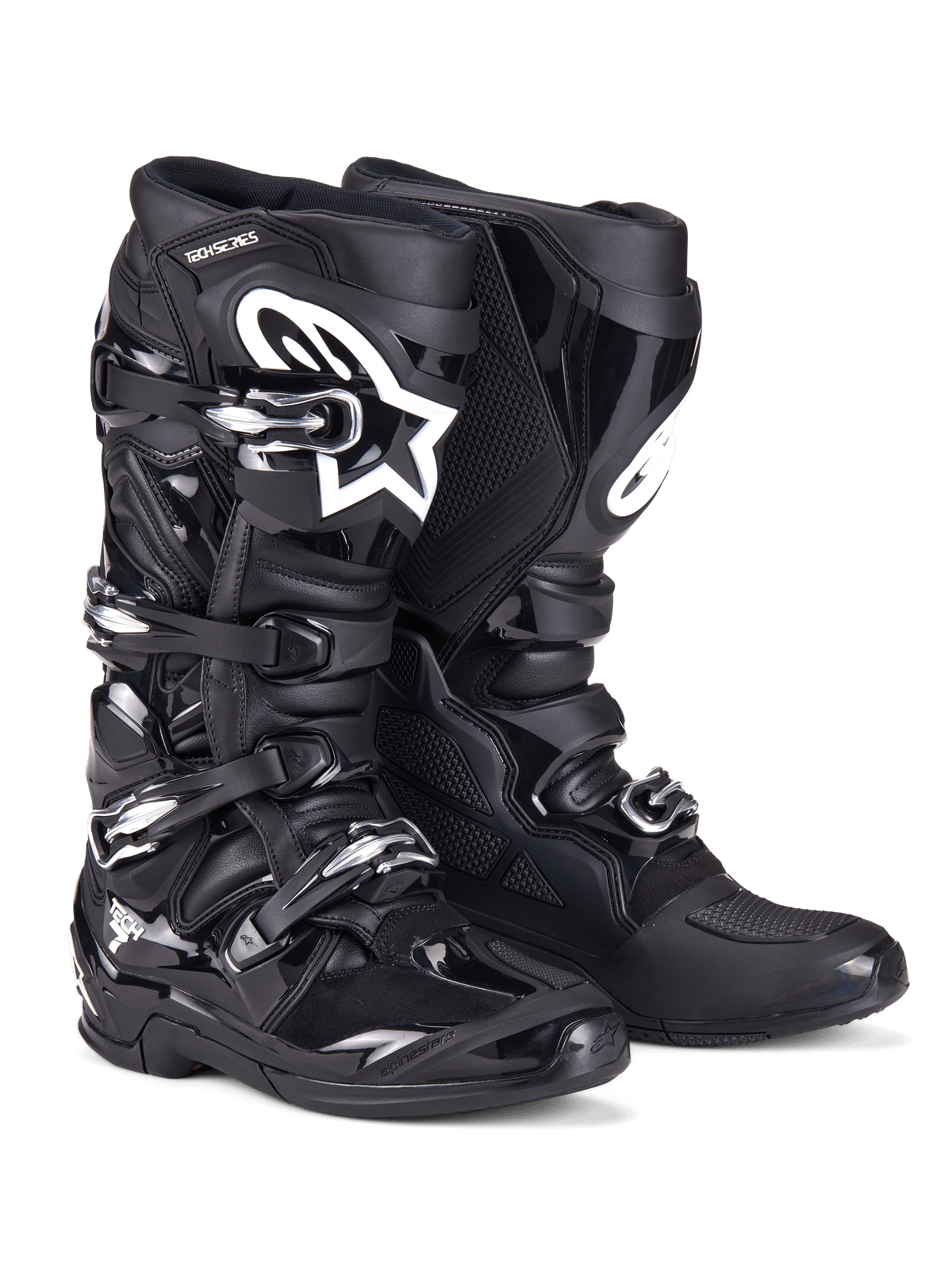 Alpinestars Tech 7 Stiefel, Motocross-Stiefel, Schwarz, robuste Konstruktion mit Vier-Schnallen-Verschlusssystem, TPU-Schutzpaneelen und weißem Alpinestars-Logo im Schienbeinbereich, professionelles Offroad-Schuhwerk für den Geländesport
