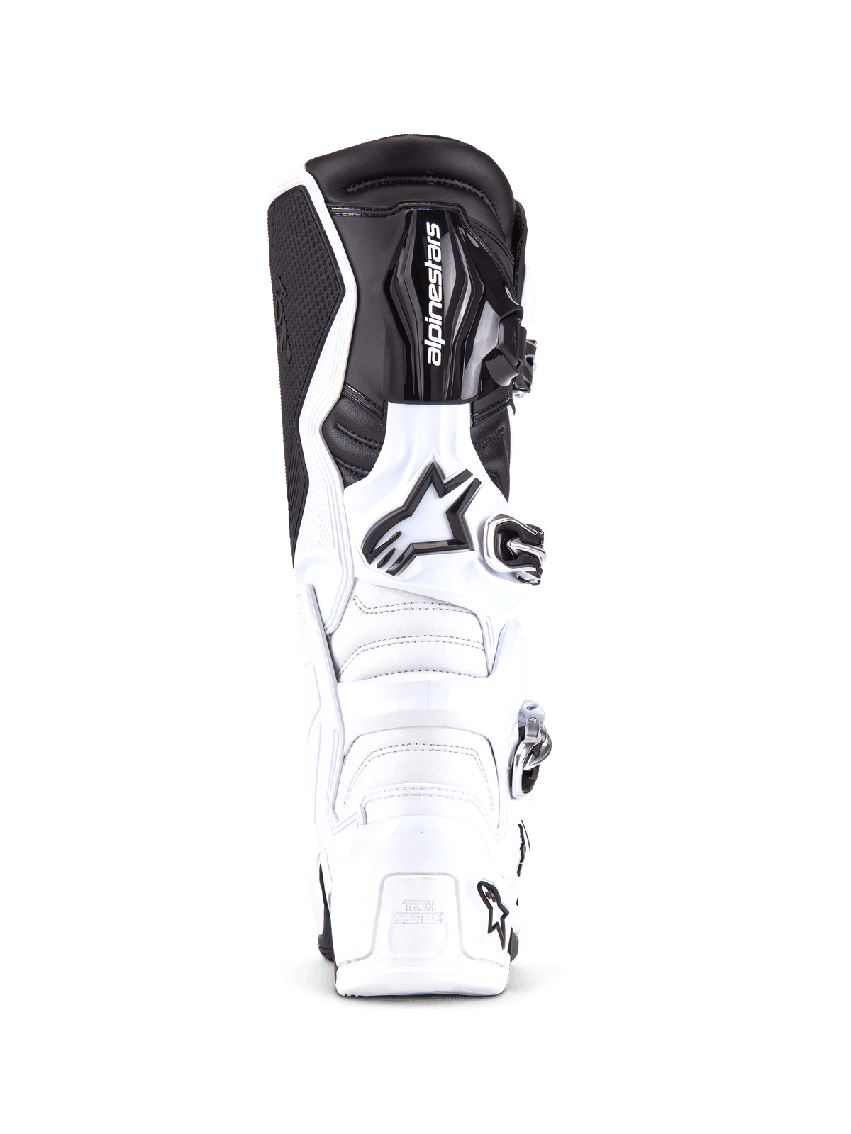 Alpinestars Tech 7 Stiefel, professionelle Motocross-Stiefel in Weiß und Schwarz, Frontansicht mit verstärkter Schienbeinplatte und Alpinestars-Logo, Mehrfach-Schnallenverschlusssystem, strapazierfähige TPU-Konstruktion für den Offroad-Einsatz