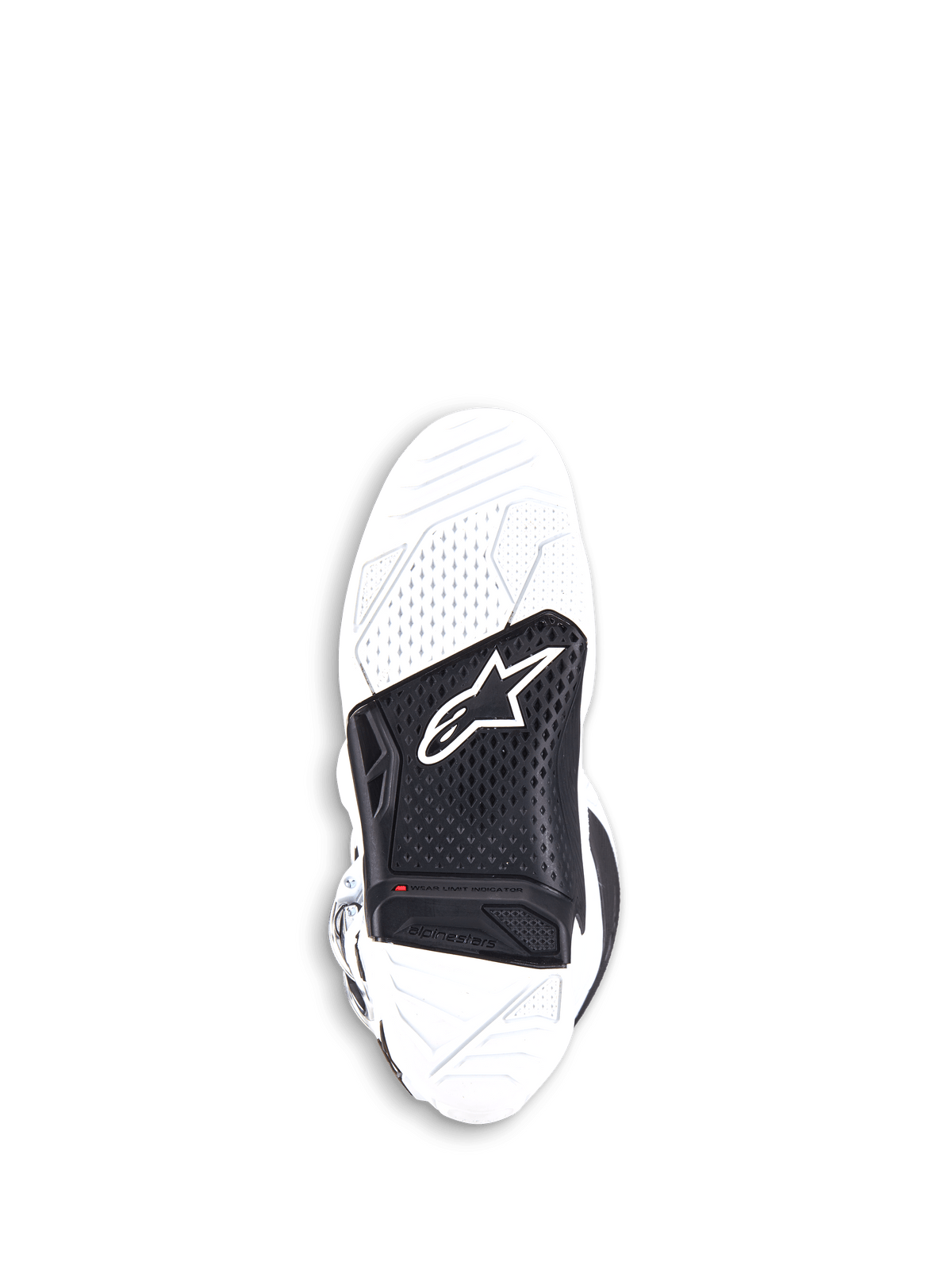 Alpinestars Tech 7 Stiefel, Motocross-Stiefel, Weiß und Schwarz, Unteransicht der austauschbaren Zwei-Komponenten-vulkanisierten Gummisohle mit schwarzem Mitteleinsatz, Alpinestars-Logo und rotem Verschleißanzeiger.