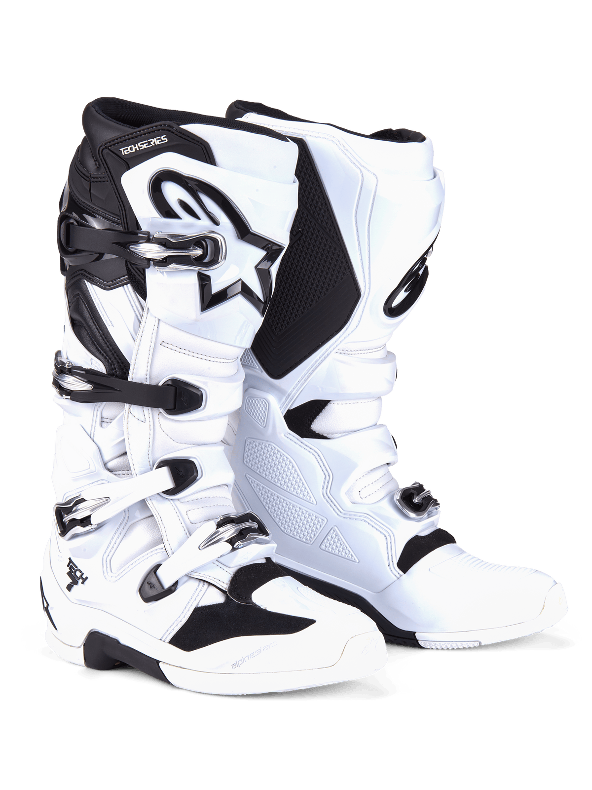 Alpinestars Tech 7 Stiefel, Motocross-Stiefel, Weiß und Schwarz, mit einem Vier-Schnallen-Verschlusssystem mit silbernen und schwarzen Verschlüssen, markantem Alpinestars-Logo auf dem Schienbein und verstärkten TPU-Panelen für Offroad-Schutz.