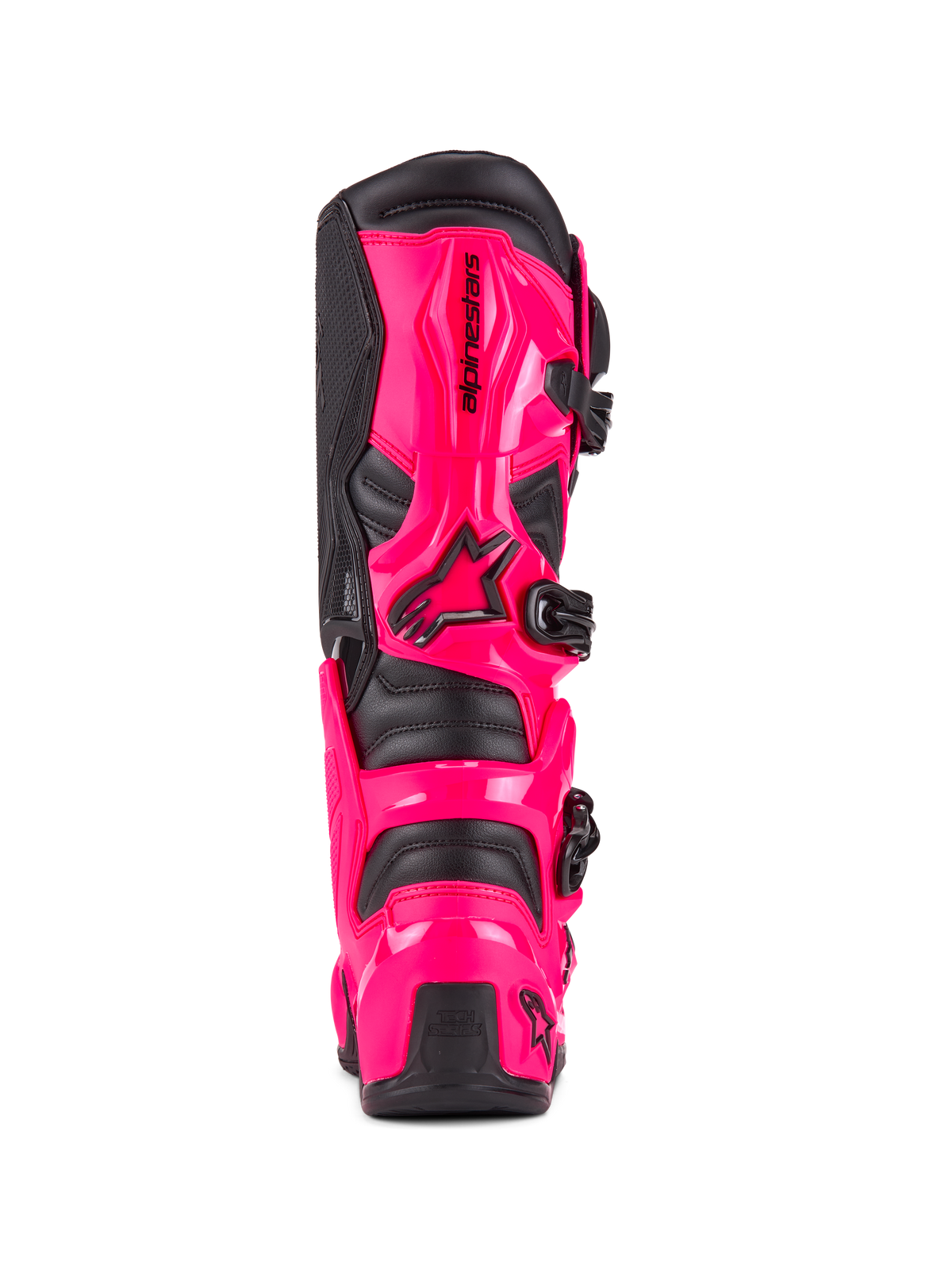 Alpinestars Tech 7 Boots, Motocross Boots, Diva Pink and Black, rear view showing high-impact TPU heel and calf protection, black buckle system, durable construction for off-road riding
