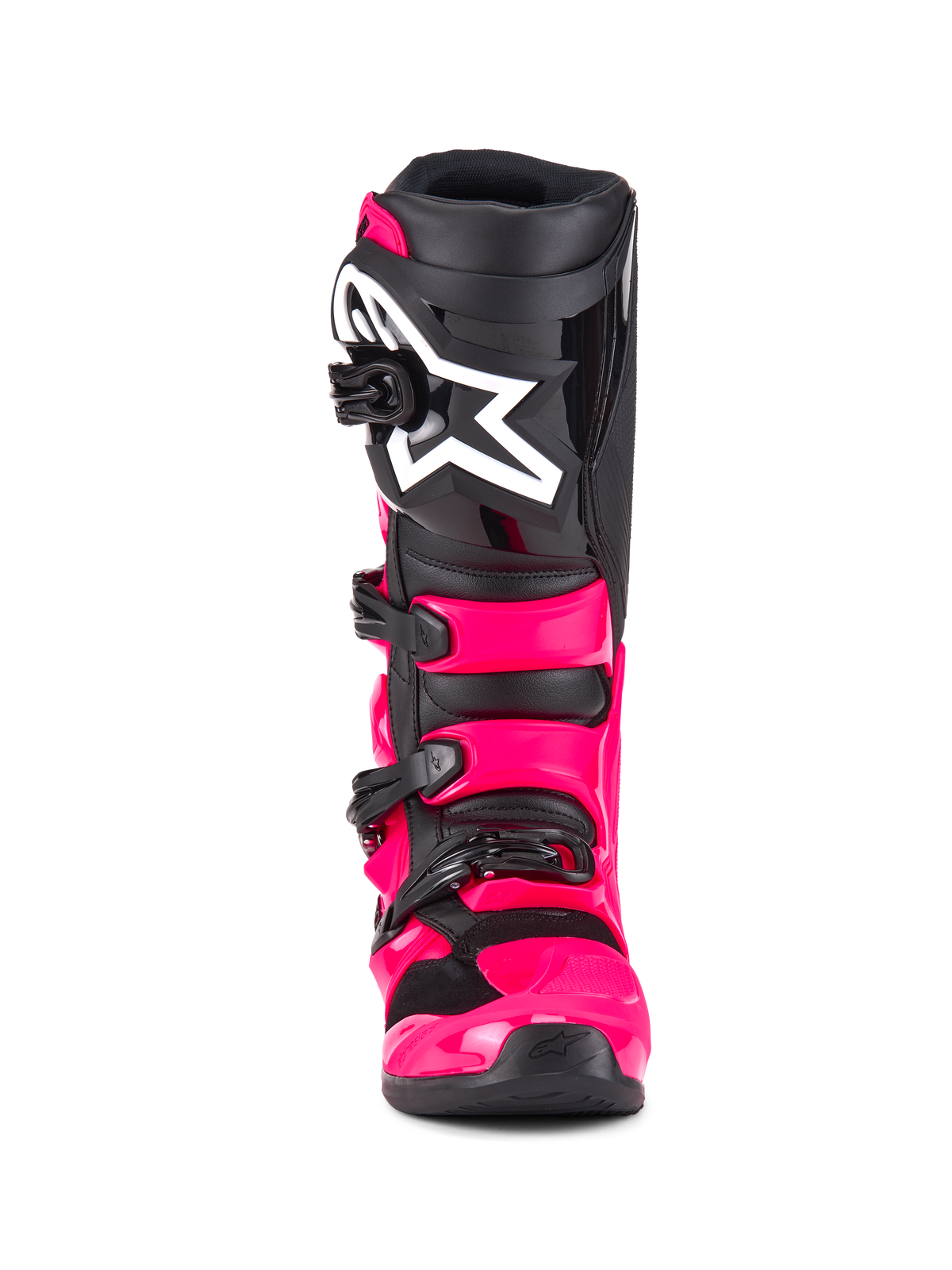 Alpinestars Tech 7 Boots, Motocross Boots, Diva Pink Black, front view, featuring a bright pink TPU shell and straps, black shin plate with a large white Alpinestars star logo, and secure black buckles.