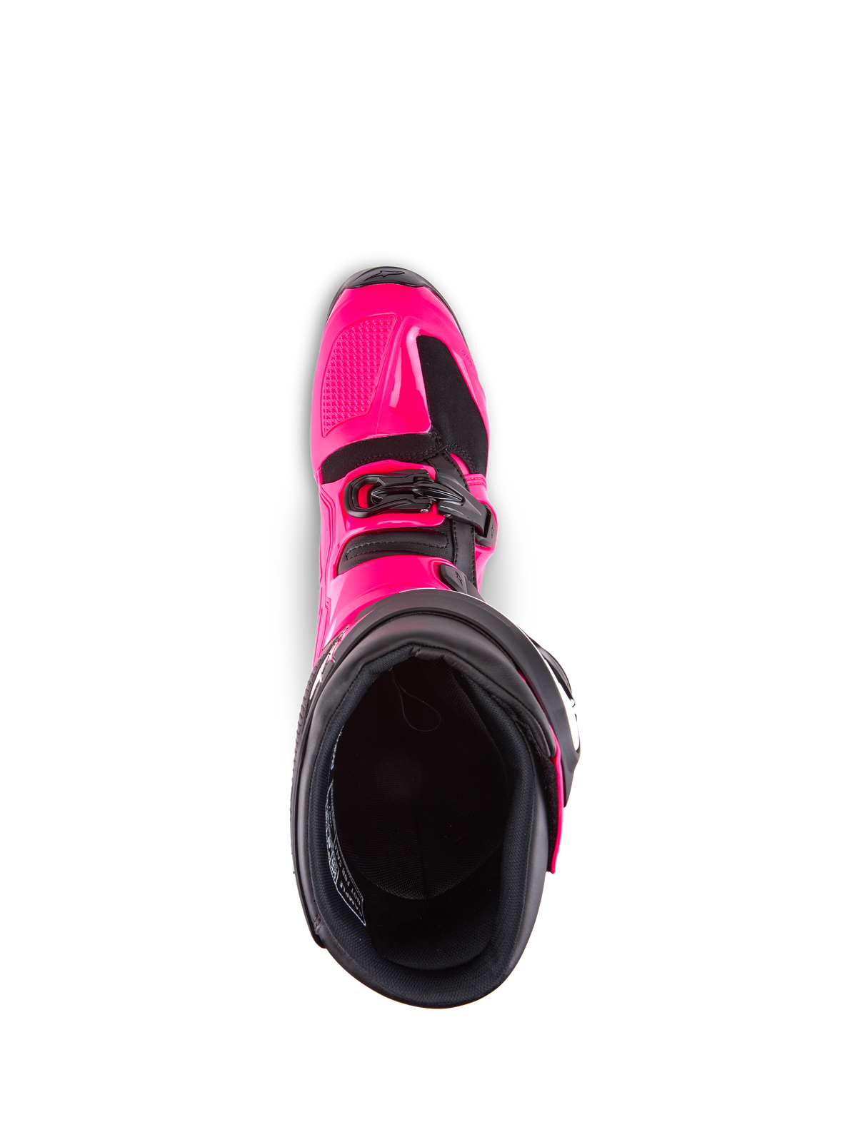 Alpinestars Tech 7 Boots, Motocross Boots, Diva Pink and Black, top-down view looking into the interior lining, showing the pink TPU outer shell and buckle detail, engineered for off-road performance
