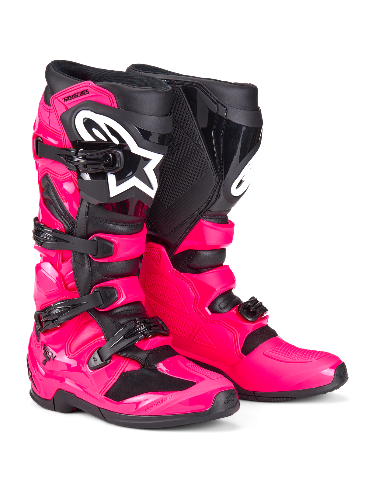 Alpinestars Tech 7 Boots, Motocross Boots, Diva Pink and Black, featuring a rugged TPU shell, four-buckle closure system, and prominent white Alpinestars logo, high-performance off-road footwear