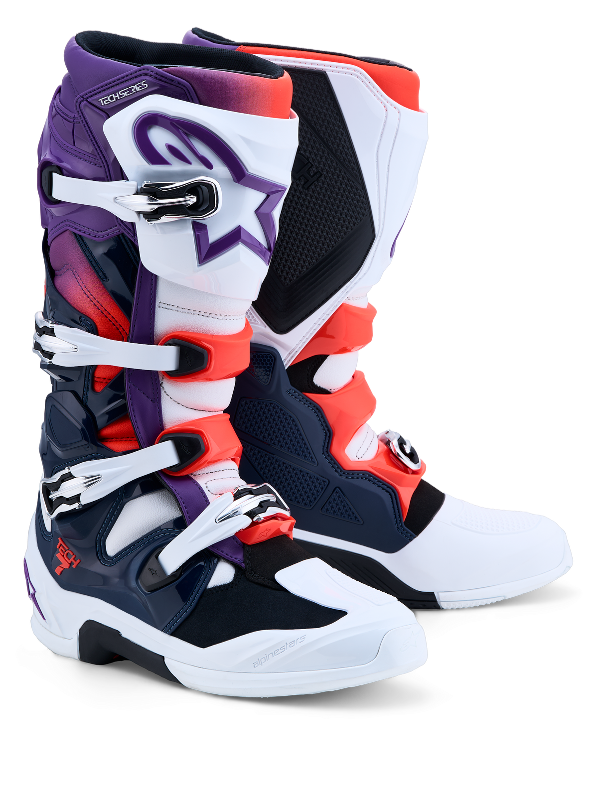 Alpinestars Tech 7 Boots, Men's Motocross Boots, Purple, White, Dark Blue and Red Fluo, CE Certified with TPU protection.