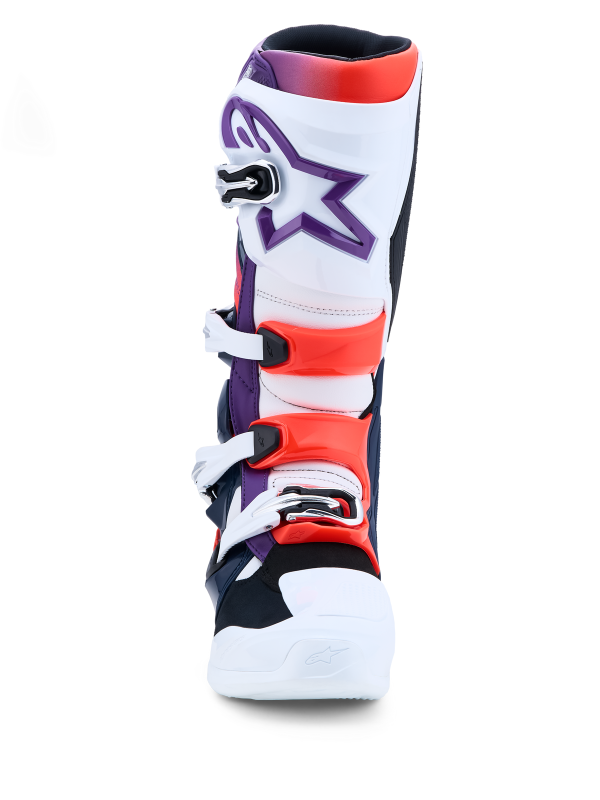 Alpinestars Tech 7 Motocross Boots in purple, white, and red fluo featuring TPU protection and buckle closures.