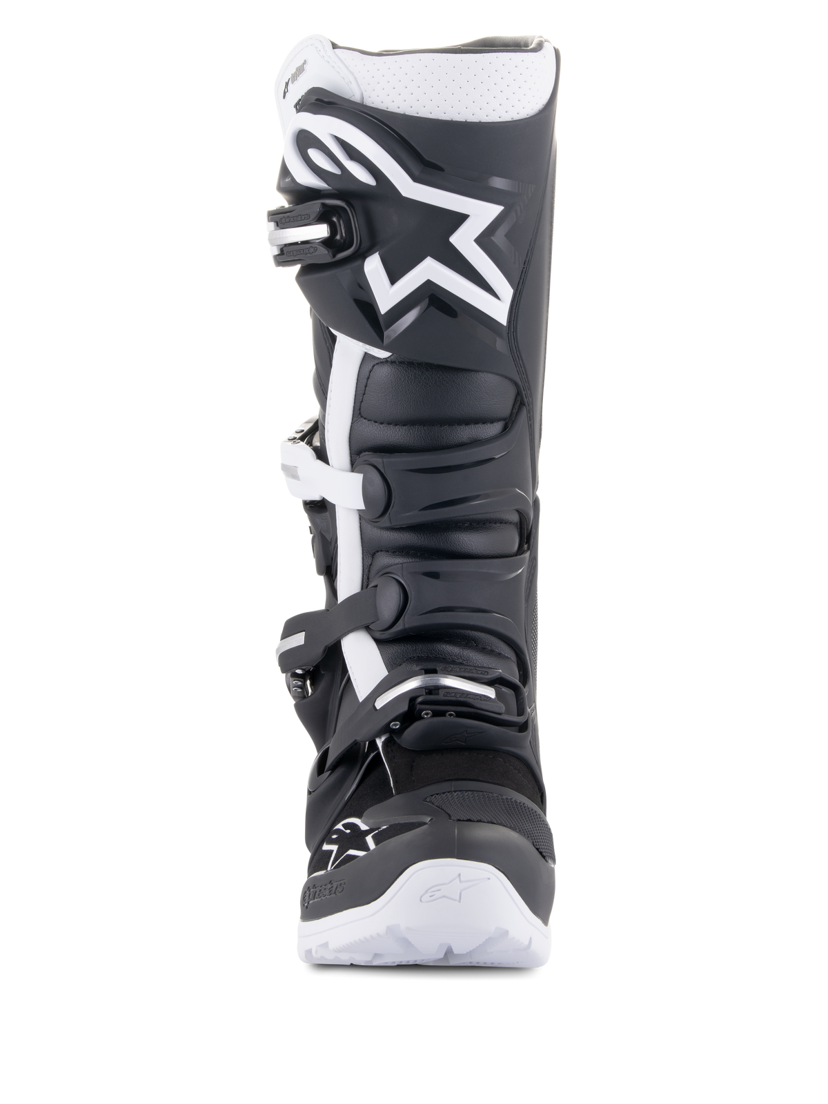 Alpinestars Tech 7 Enduro Drystar® Stiefel, Enduro-Motorradstiefel, Schwarz und Weiß, mit einem großen weißen Alpinestars-Logo auf der Schienbeinplatte, Vier-Schnallen-Verschlusssystem und robuster weißer Sohle, entwickelt für Offroad-Performance