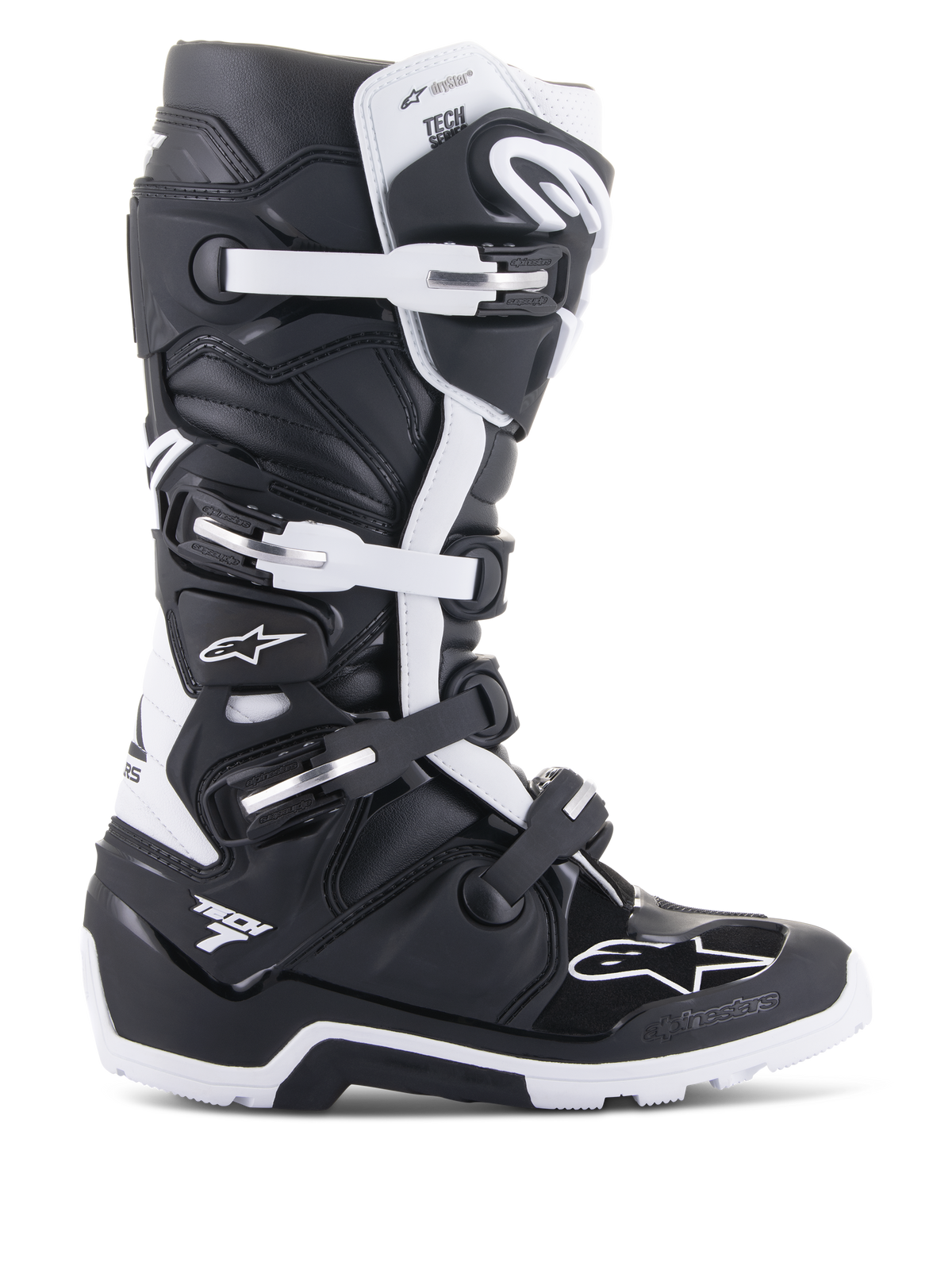 Alpinestars Tech 7 Enduro Drystar Stiefel, Enduro- und Offroad-Motorradstiefel, Schwarz und Weiß, Vier-Schnallen-Verschlusssystem, wasserdichtes Drystar-Membran-Branding, robuste Sohle für Offroad-Grip, strapazierfähige TPU-Schutzpaneele mit Alpinestars-Logos