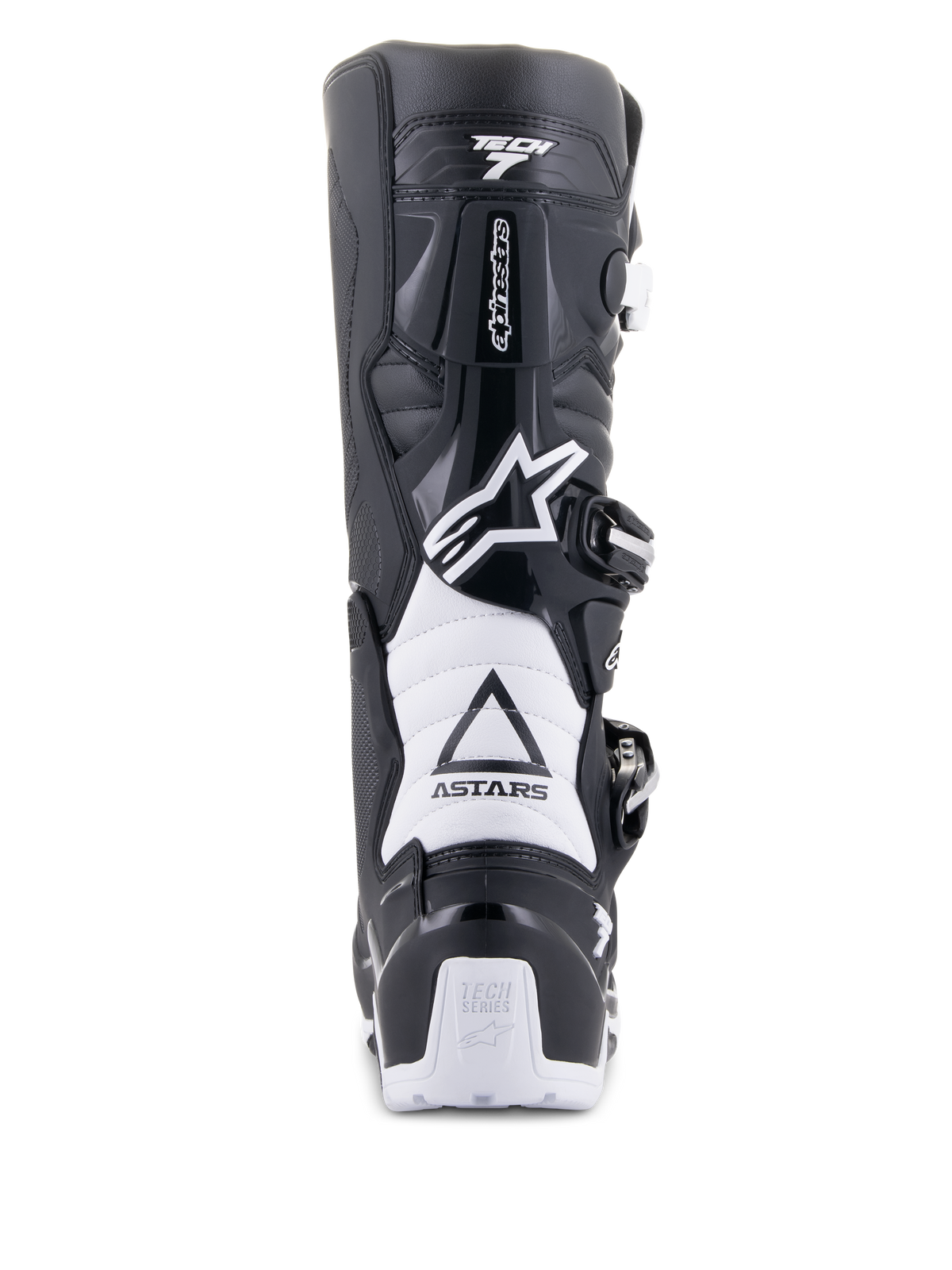 Alpinestars Tech 7 Enduro Drystar Stiefel, Schwarz und Weiß, Rückansicht mit TPU-Schutzstruktur, weißen Akkordeon-Flexzonen und Schnallenverschlusssystem, Alpinestars-Branding an Ferse und Schaft