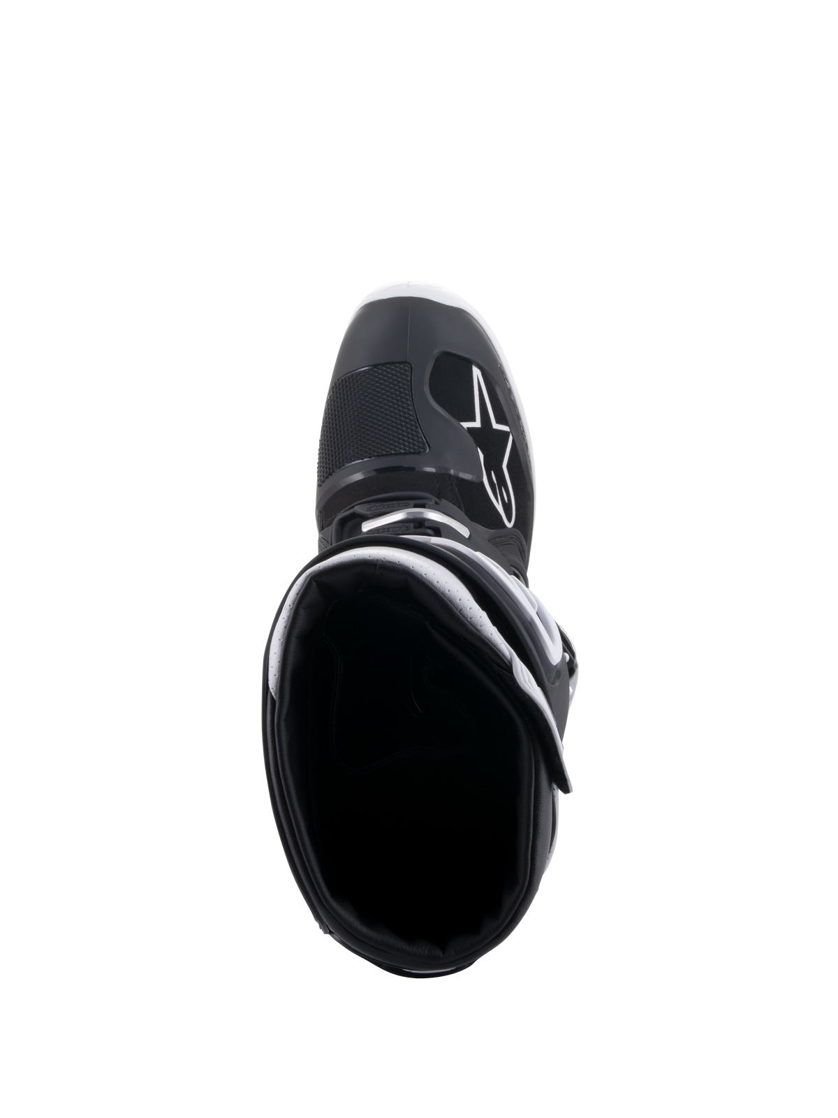 Alpinestars Tech 7 Enduro Drystar® Stiefel, Schwarz und Weiß, Ansicht von oben in die Stiefelöffnung, mit weißem A-Star-Logo im Zehenbereich, weißem Kragenfutter und wasserdichtem Hochleistungsdesign für Enduro-Fahrten