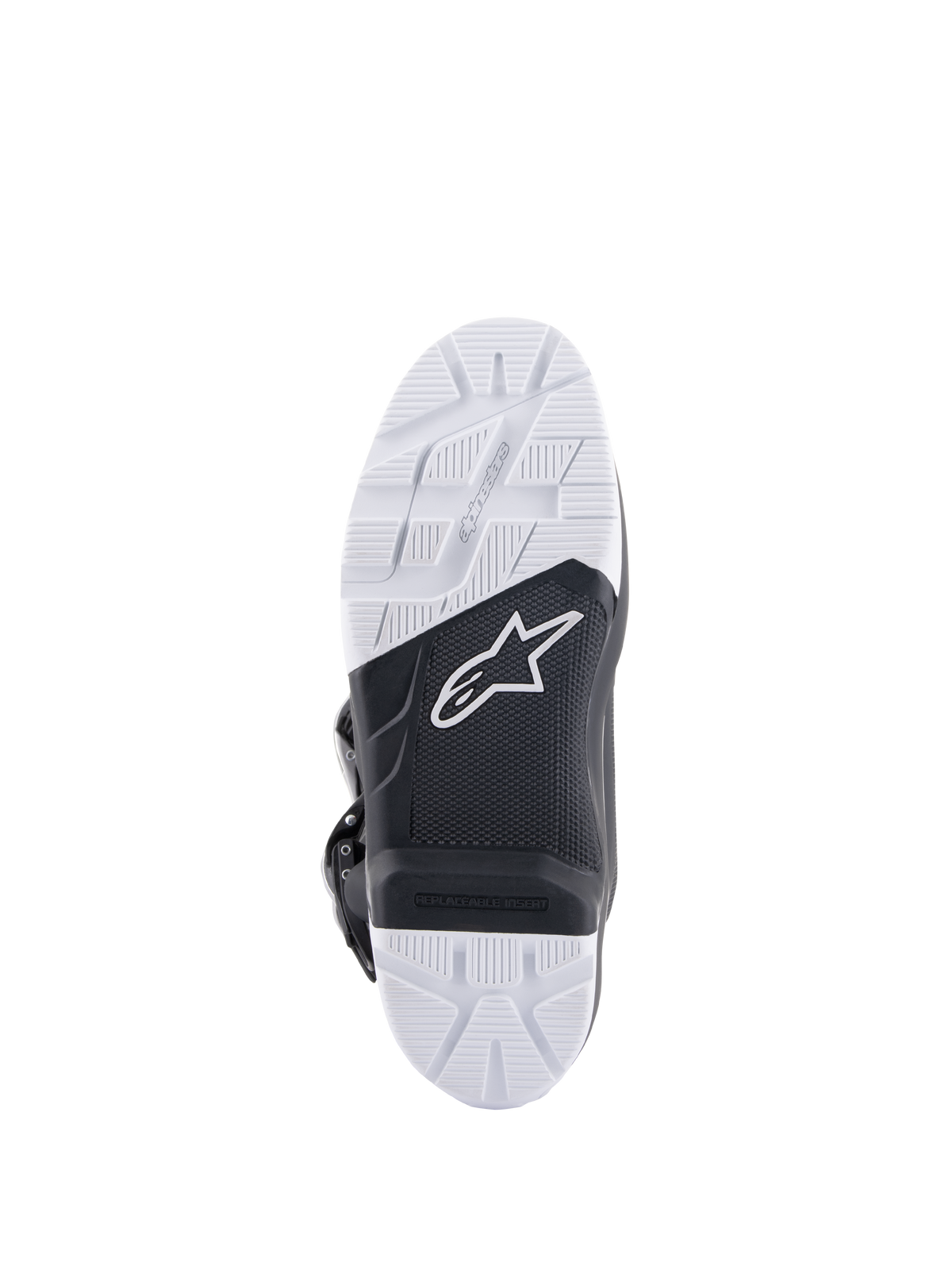 Alpinestars Tech 7 Enduro Drystar® Stiefel, Detailansicht der Sohle, hochgriffige schwarz-weiße Gummi-Doppeldichte-Verbund-Außensohle, mit Alpinestars-Logo und austauschbarem Fußrasteneinsatz, konzipiert für Offroad- und Enduro-Traktion.