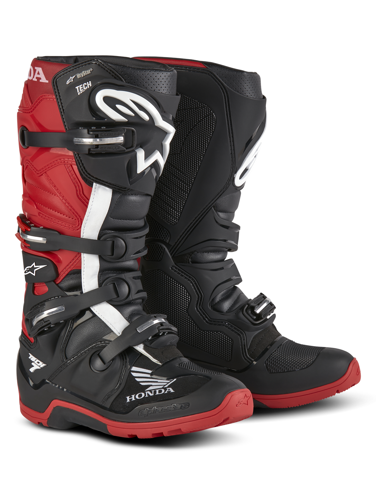 Alpinestars Honda Tech 7 Enduro Drystar® Boots, Enduro Motorcycle Boots, Black and Bright Red, three-quarter front view featuring a four-buckle closure system, protective shin plates, and high-grip red soles with prominent Honda and Alpinestars logos.