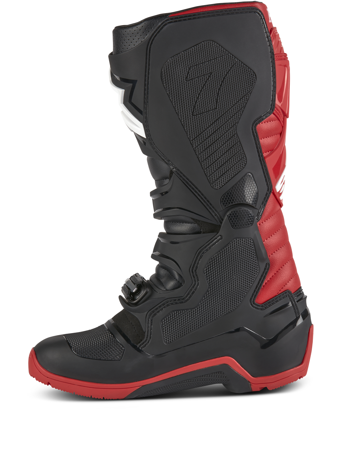 Alpinestars Honda Tech 7 Enduro Drystar® Boots, Motocross and Enduro Boots, Black and Bright Red, side profile view featuring heavy-duty buckles, TPU protective plates, and a red reinforced sole
