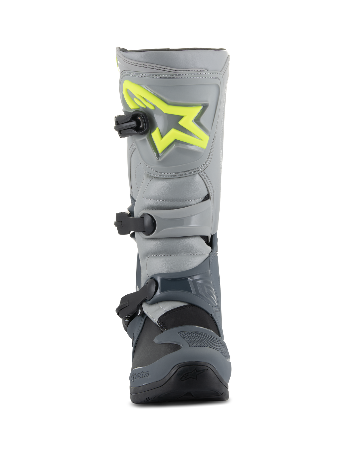 Alpinestars Tech 3 Boots, Motocross Boots, Dark Gray Light Gray and Black, front view featuring a bright yellow logo on the shin plate, three black polymer buckles, and a durable TPU shell for off-road racing
