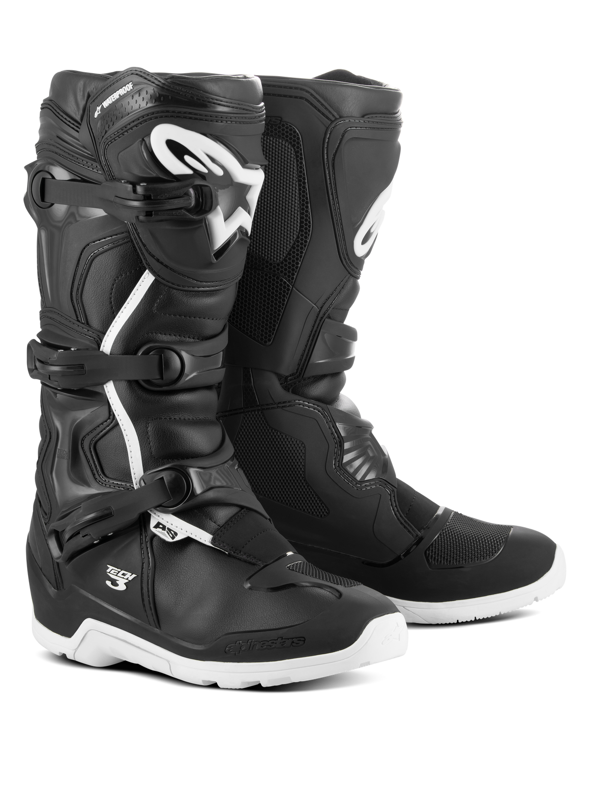 Alpinestars Tech 3 Enduro Waterproof Boots, Motocross and Off-road Boots, Black and White, featuring three-buckle closure system, white TPU logo on the shin, reinforced ankle and heel protection, and durable white soles.