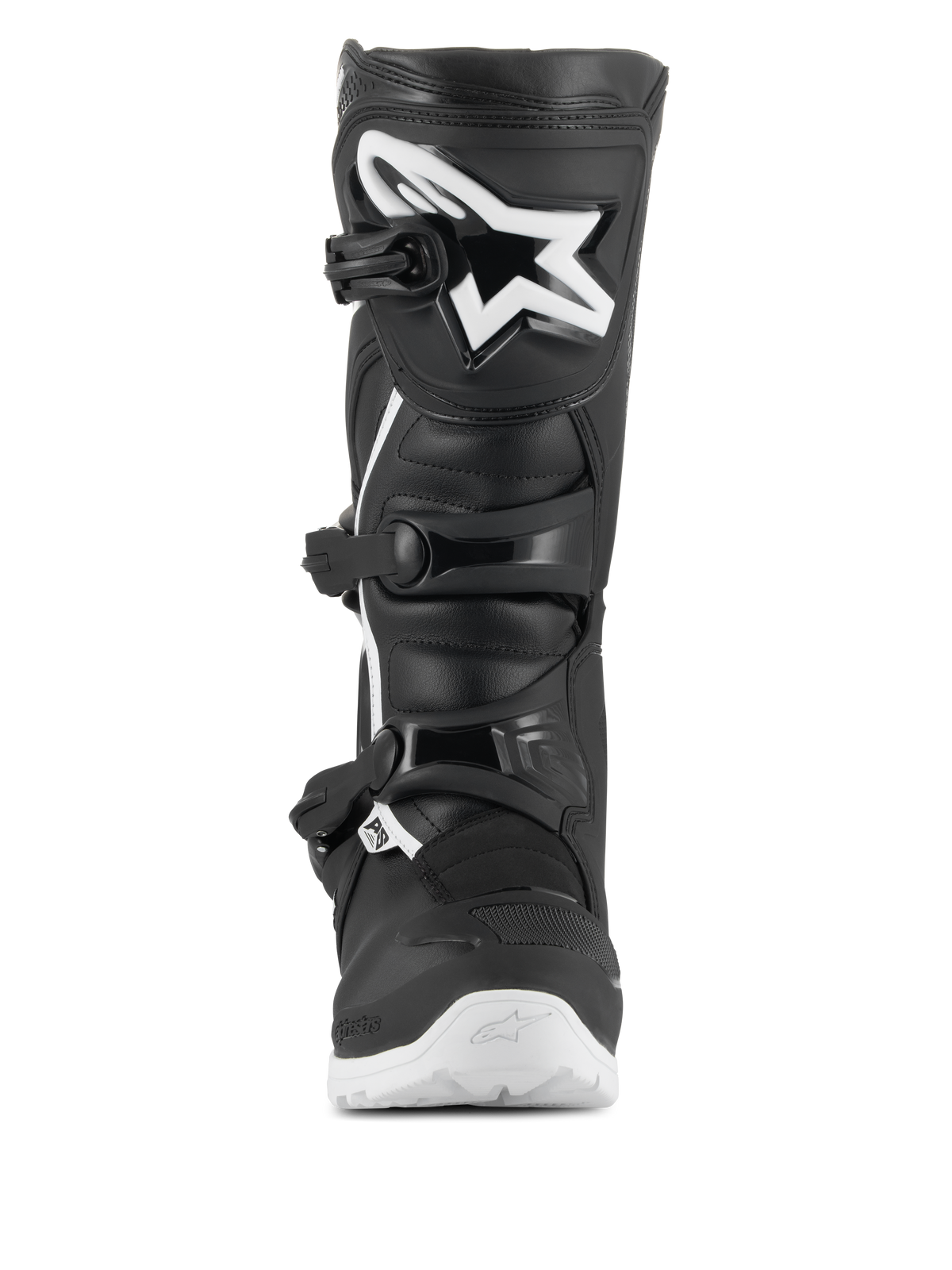 Alpinestars Tech 3 Enduro Waterproof Boots, Motocross and Enduro Boots, Black and White, frontal view featuring a large white star logo on the TPU shin plate, triple buckle closure system, and rugged white sole for off-road traction.