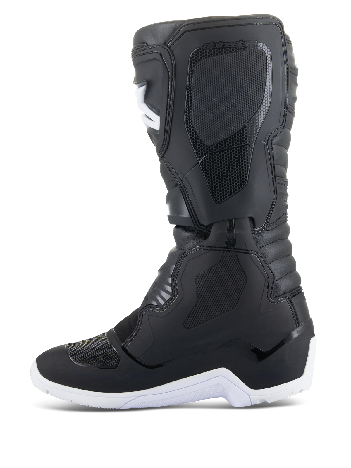 Alpinestars Tech 3 Enduro Waterproof Boots, Motocross and Enduro Boots, Black and White, side profile view featuring textured protective panels, white rugged sole, and waterproof synthetic upper for off-road riding
