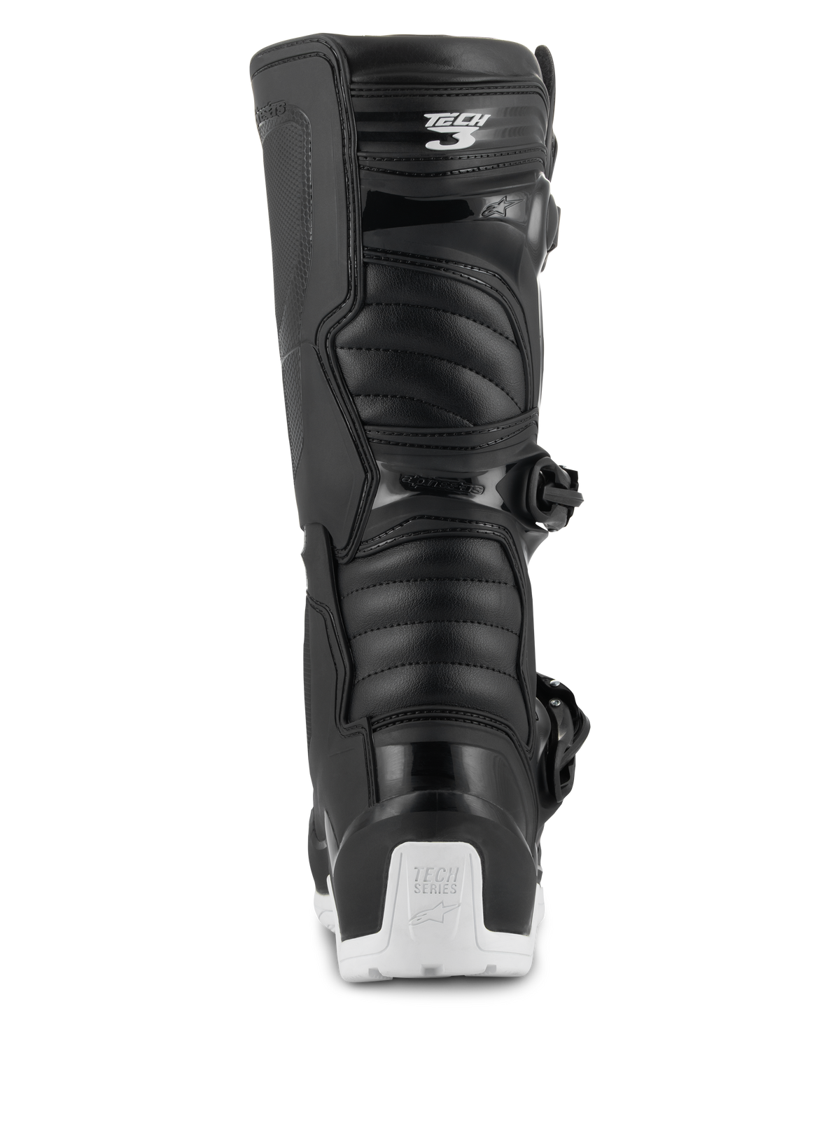 Alpinestars Tech 3 Enduro Waterproof Boots, Motocross and Enduro Boots, Black and White, rear view showing the Tech 3 logo on the calf, accordion-style flex panels, and a white heel protector with Tech Series branding, designed for off-road and adventure riding