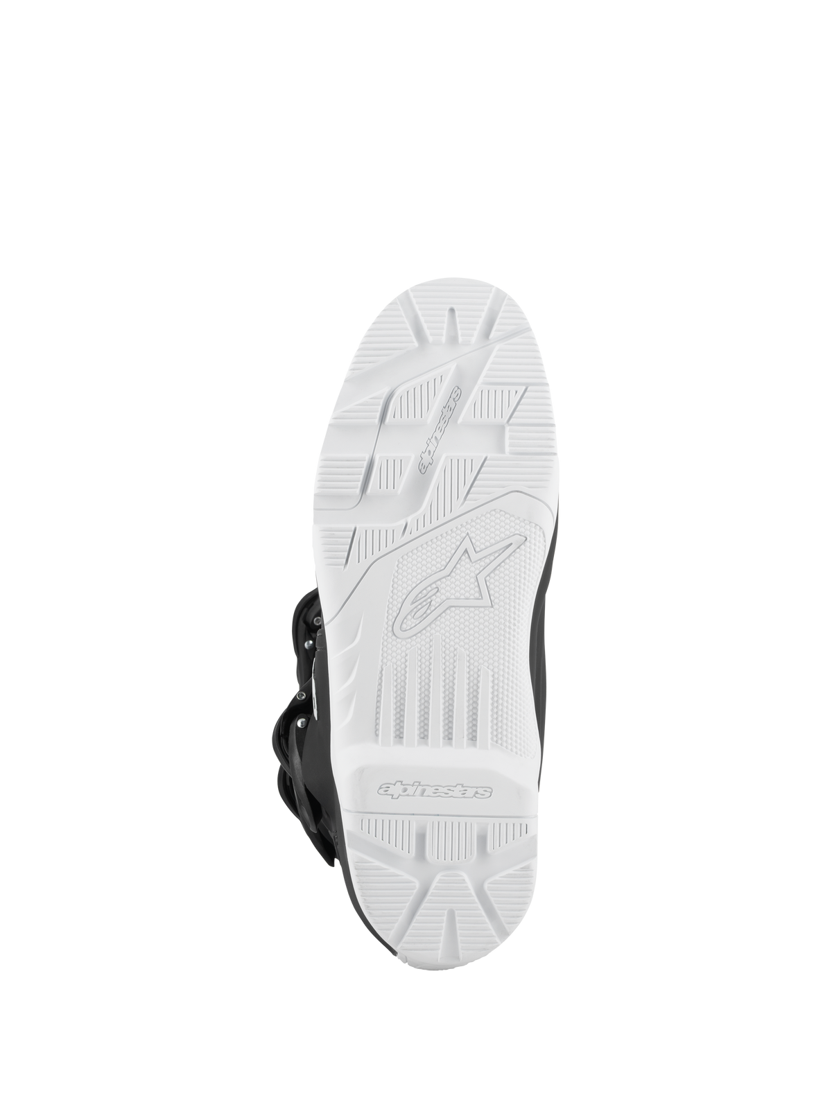 Alpinestars Tech 3 Enduro Waterproof Boots, Black and White, bottom view of the white high-grip lugged sole, off-road traction pattern with embossed logo, durable outsole designed for motocross and enduro performance.
