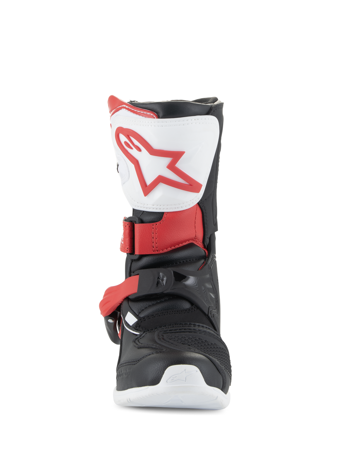 Alpinestars Kids Tech 3S Stiefel, Motocross-Stiefel, Weiß, Schwarz und Hellrot, Vorderansicht mit weißer Schienbeinplatte und rotem Logo, schwarzes Chassis mit roten Schnallenriemen, schützendes Offroad-Schuhwerk für junge Fahrer
