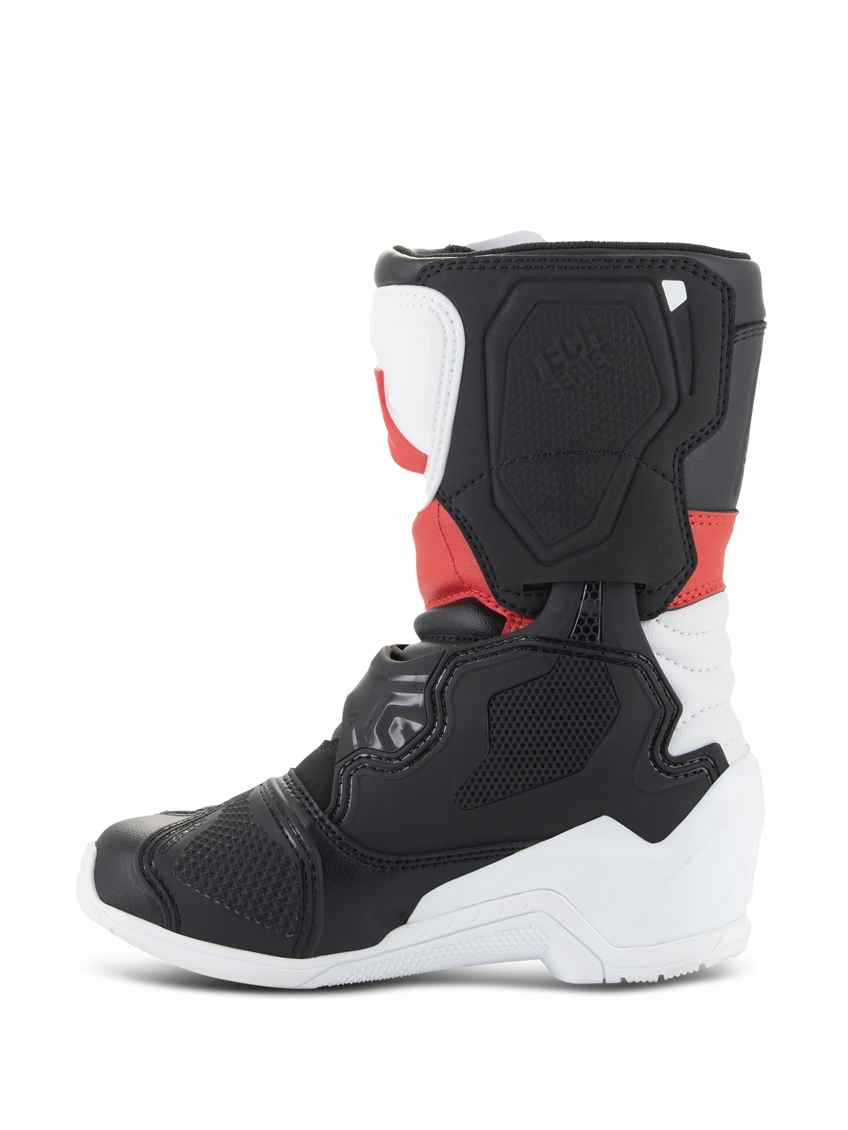 Alpinestars Kids Tech 3S Stiefel, Motocross-Stiefel, Weiß, Schwarz und Hellrot, Seitenprofil mit schützenden TPU-Panels, verstärktem Zehen- und Fersenbereich und strukturiertem seitlichem Blade-Design für den Offroad-Rennsport