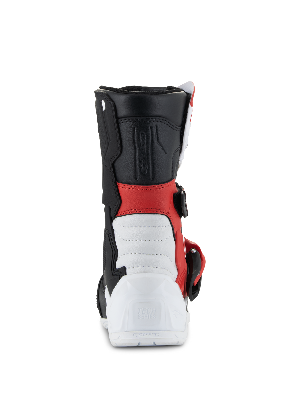 Alpinestars Kids Tech 3S Stiefel, Motocross-Stiefel, Weiß, Schwarz und leuchtendes Rot, Rückansicht mit weißer verstärkter Ferse mit geprägtem Tech Series-Logo, rotem Mittelabschnitt, schwarzer oberer Manschette und seitlichem Schnallendetail, schützendes Offroad-Schuhwerk