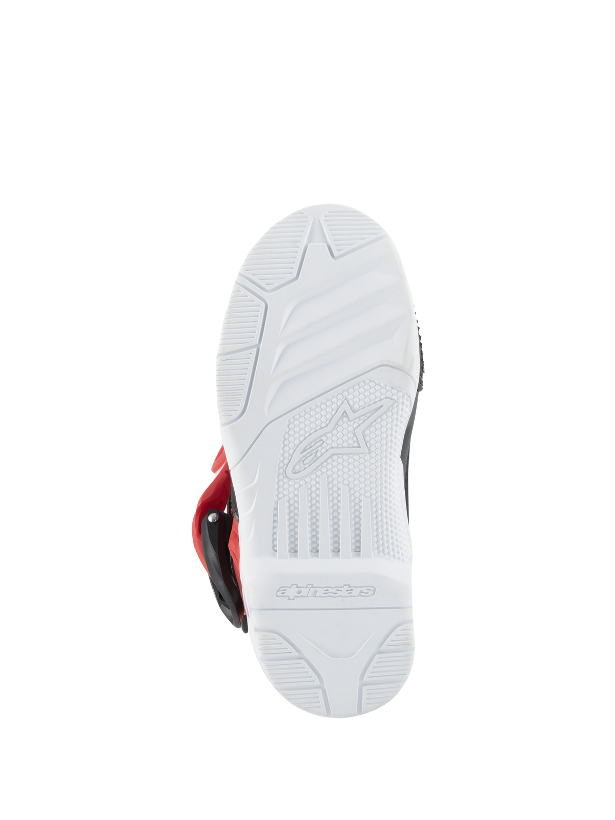 Alpinestars Kids Tech 3S Stiefel, Motocross-Stiefel, Weiß, Schwarz und leuchtendes Rot, Unteransicht der weißen Gummisohle mit geprägtem Alpinestars-Logo und Profilmuster für den Offroad-Rennsport