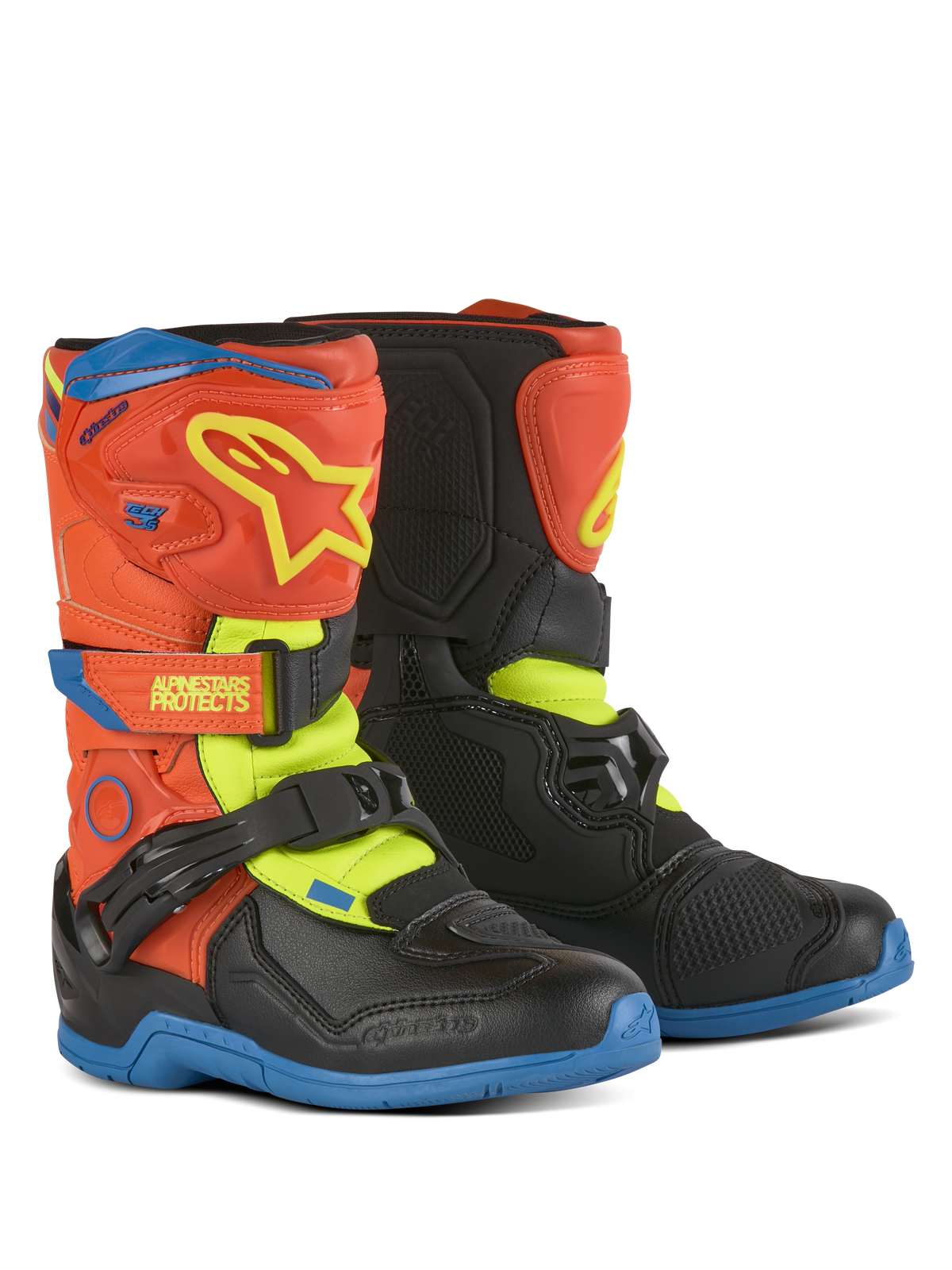Alpinestars Kids Tech 3S Stiefel, Motocross-Stiefel, Orange Fluo, Enamel Blue und Gelb Fluo mit Schwarz, mit Klettverschlüssen, TPU-Schienbeinplatte und strapazierfähigen Gummisohlen für jugendliches Offroad-Fahren.