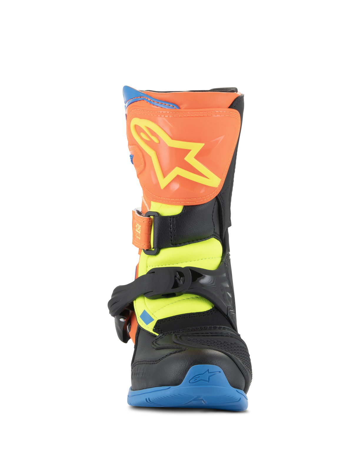 Alpinestars Kids Tech 3S Boots, Motocross-Stiefel, Orange Fluo, Enamel Blue und Yellow Fluo, Vorderansicht mit orangefarbener Schienbeinplatte und gelbem Stern-Logo, schwarze Schnallenverschlüsse und blaue Sohle, schützendes Offroad-Schuhwerk für junge Fahrer